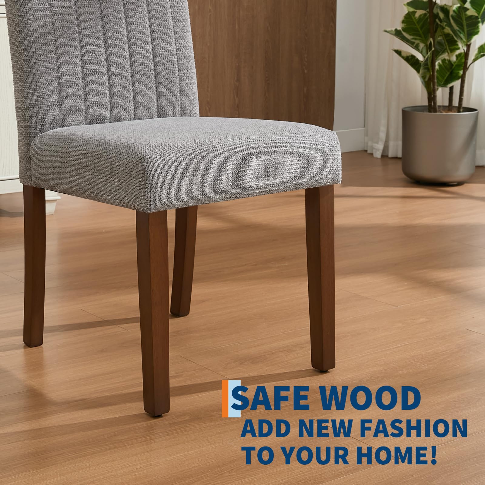 Sedie da pranzo Garvee Parsons con bottoni trapuntati, rivestimenti in lino e gambe in legno per cucina e soggiorno, strisce verticali grigie