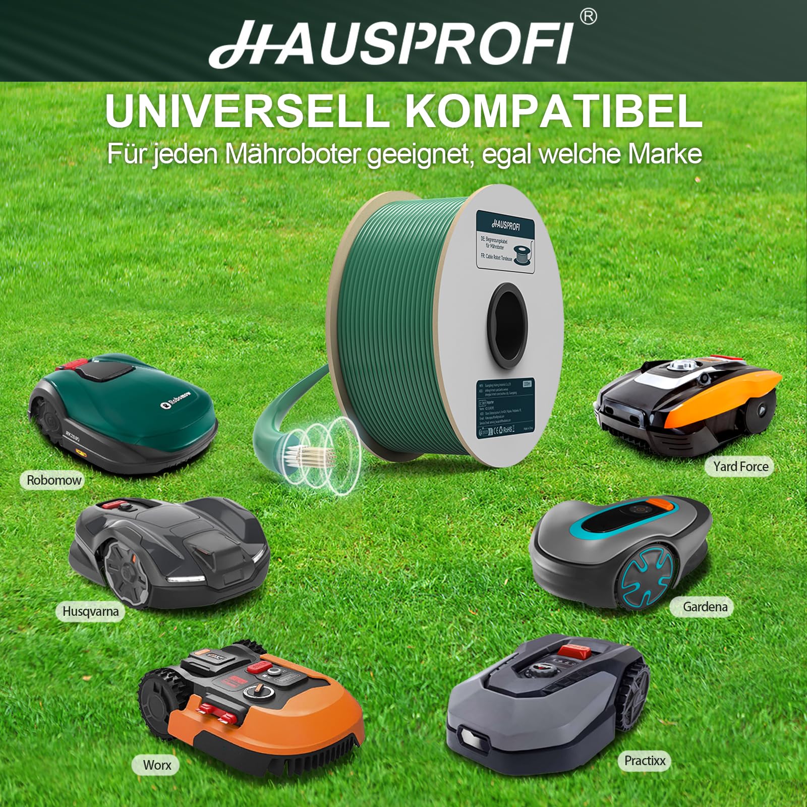 Garvee 250 m Cavo di confine universale per robot tagliaerba, filo di rame stagnato, Ø2,7 mm, verde, applicazione in giardino