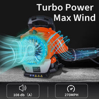 Soffiatore per foglie a zaino Garvee 52CC, motore a 2 tempi da 2,2 CV, per giardino e neve, 780 CFM, ergonomico, leggero, serbatoio da 1,2 l, impugnatura antivibrazione