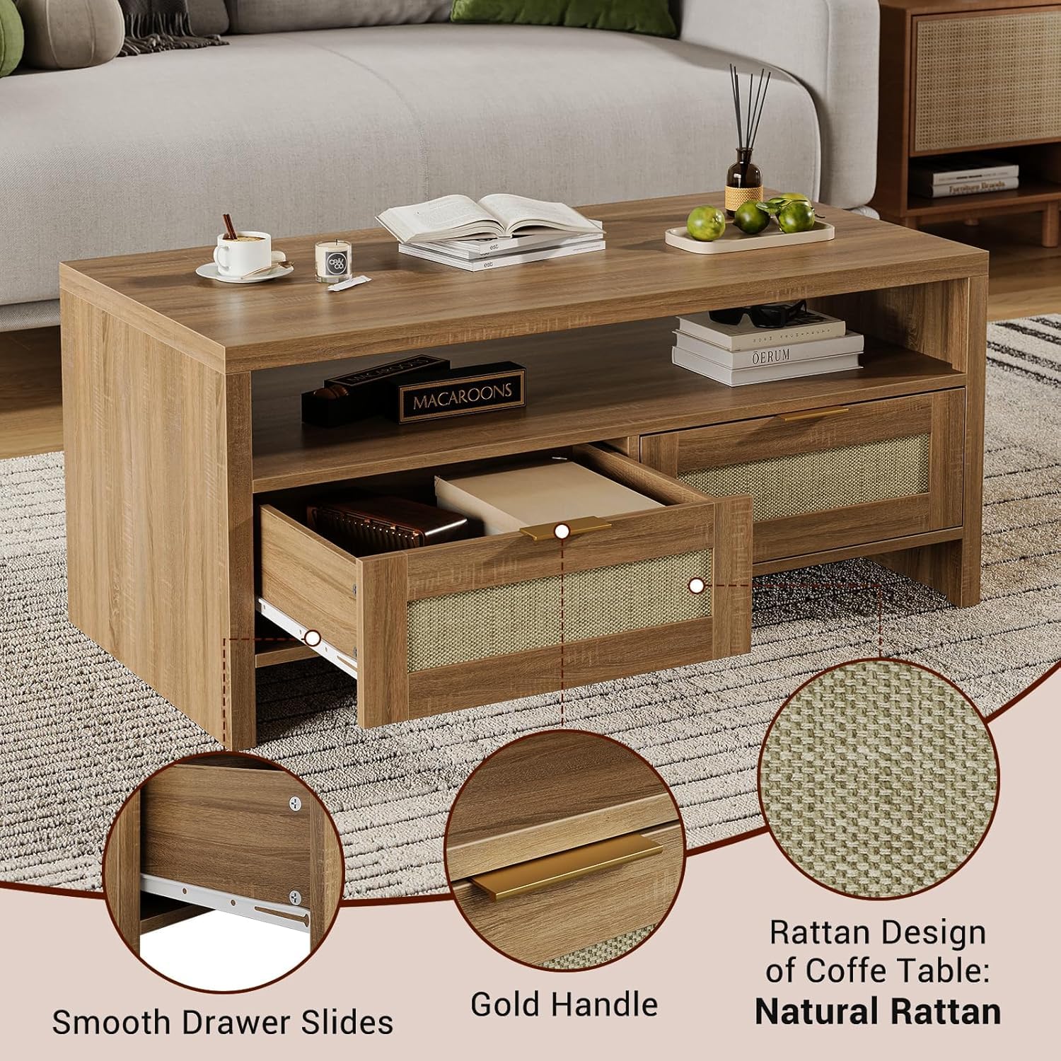 Tavolino da caffè Garvee Boho a 2 ripiani con contenitore, rattan e MDF, 2 cassetti, stile Mid-Century, rovere, soggiorno e camera da letto