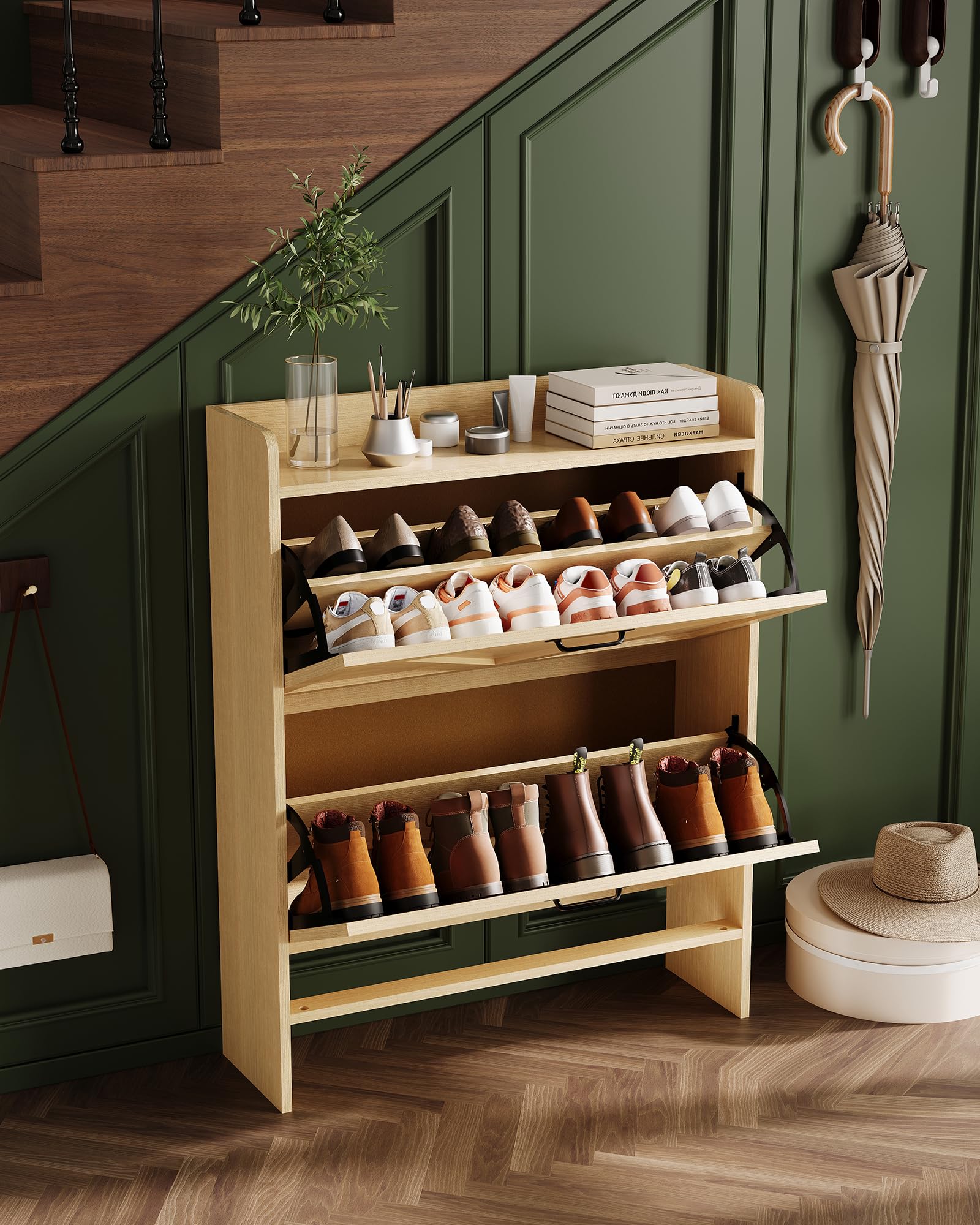 Garvee Scarpiera con 2 cassetti pieghevoli, marrone rustico, per corridoio e ingresso, resistente, salvaspazio, in legno