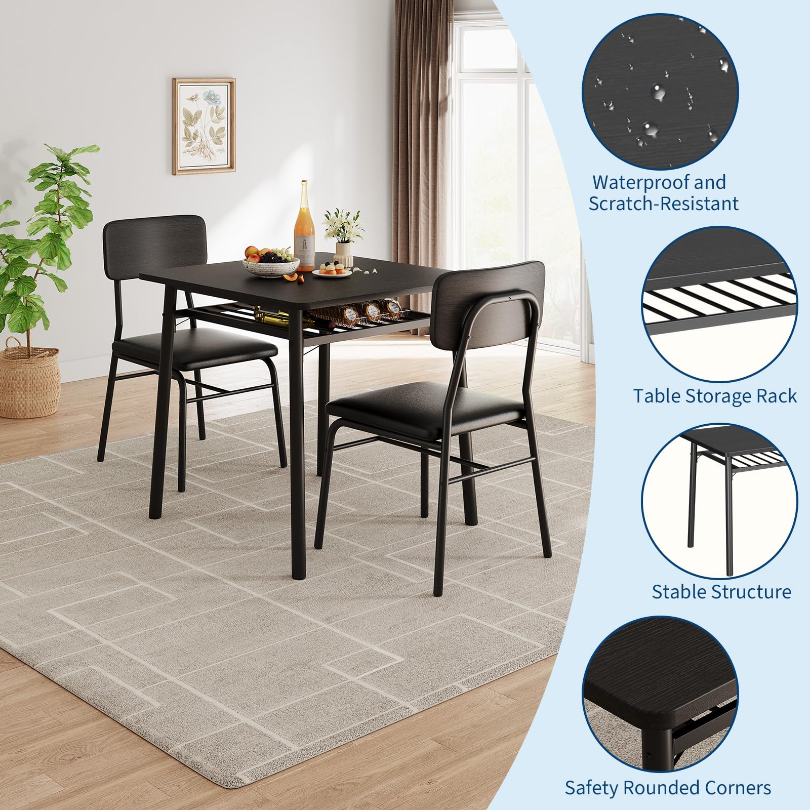 Set da pranzo Garvee per 2 persone con contenitore, struttura in metallo, sedie imbottite, piano in legno MDF, nero, salvaspazio per piccoli appartamenti