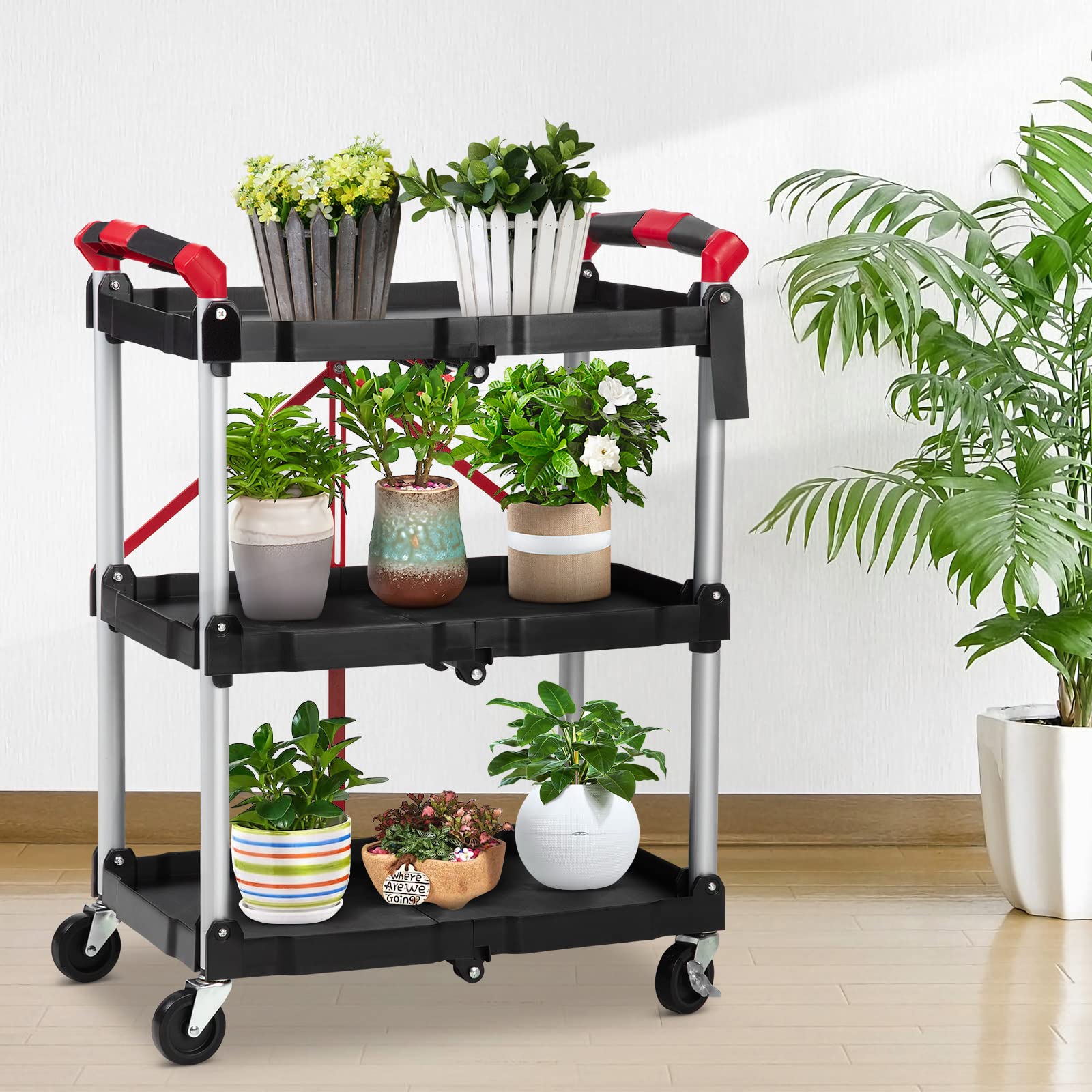 Carrello di servizio pieghevole Garvee a 3 ripiani con capacità di carico di 56 libbre, telaio in alluminio, maniglie gommate, 4 ruote girevoli per ufficio e casa, 83,5 cm, argento