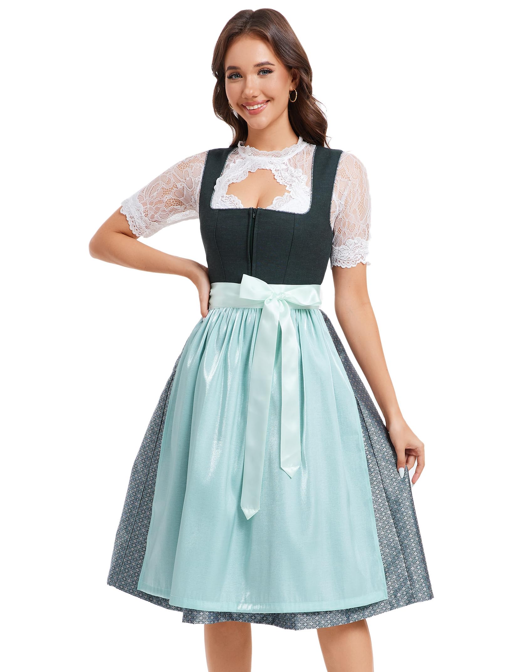 Garvee Dirndl - Abito tradizionale midi da donna, in jacquard, stile tradizionale, set da 3 pezzi per l'Oktoberfest, verde scuro, taglia 34