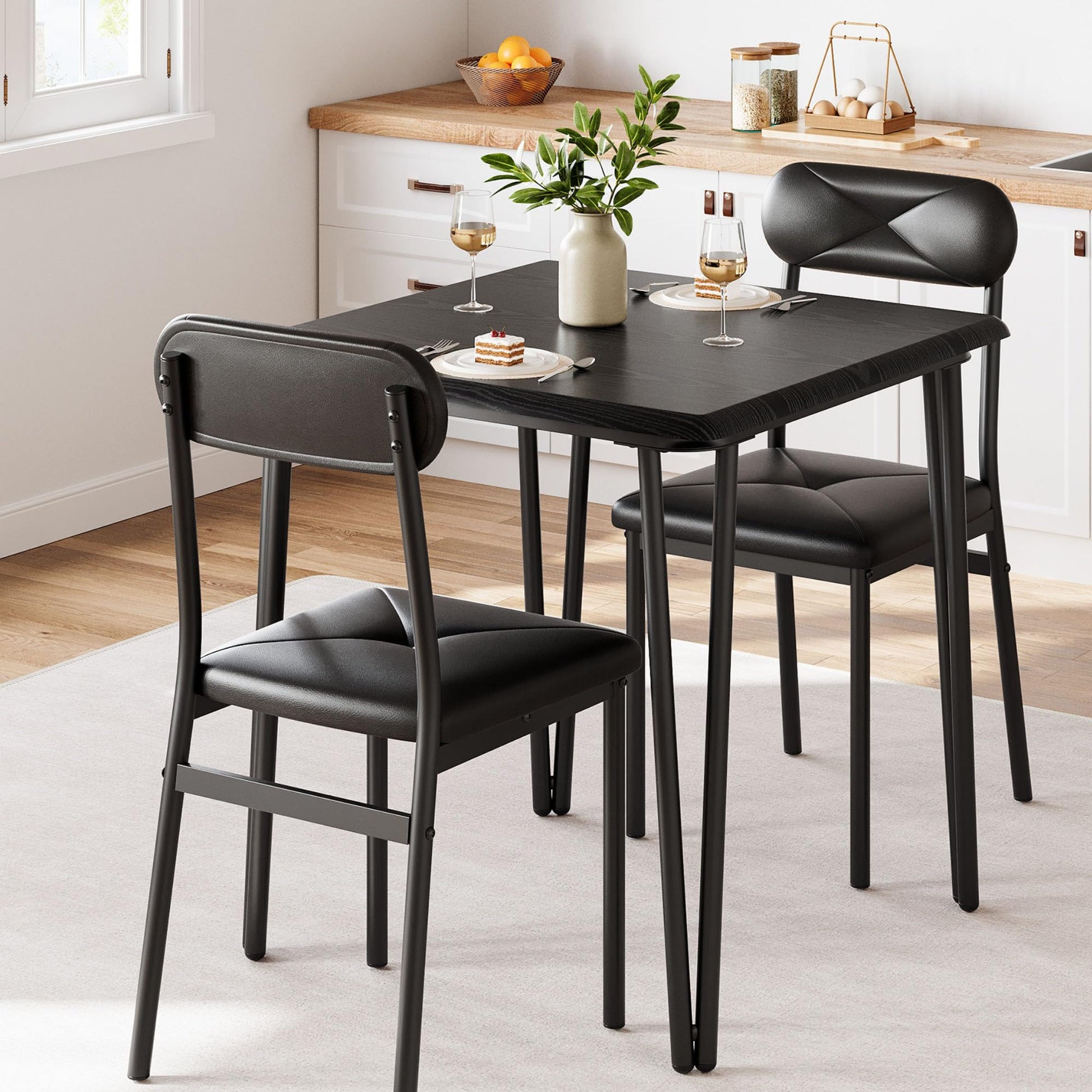 Set da pranzo Garvee per 2 persone con sedie imbottite, piano in MDF, struttura in metallo robusto, nero, salvaspazio per stanze piccole
