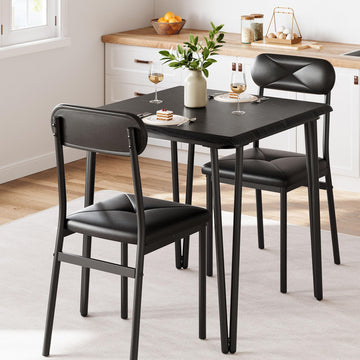 Set da pranzo Garvee per 2 persone con sedie imbottite, piano in MDF, struttura in metallo robusto, nero, salvaspazio per stanze piccole