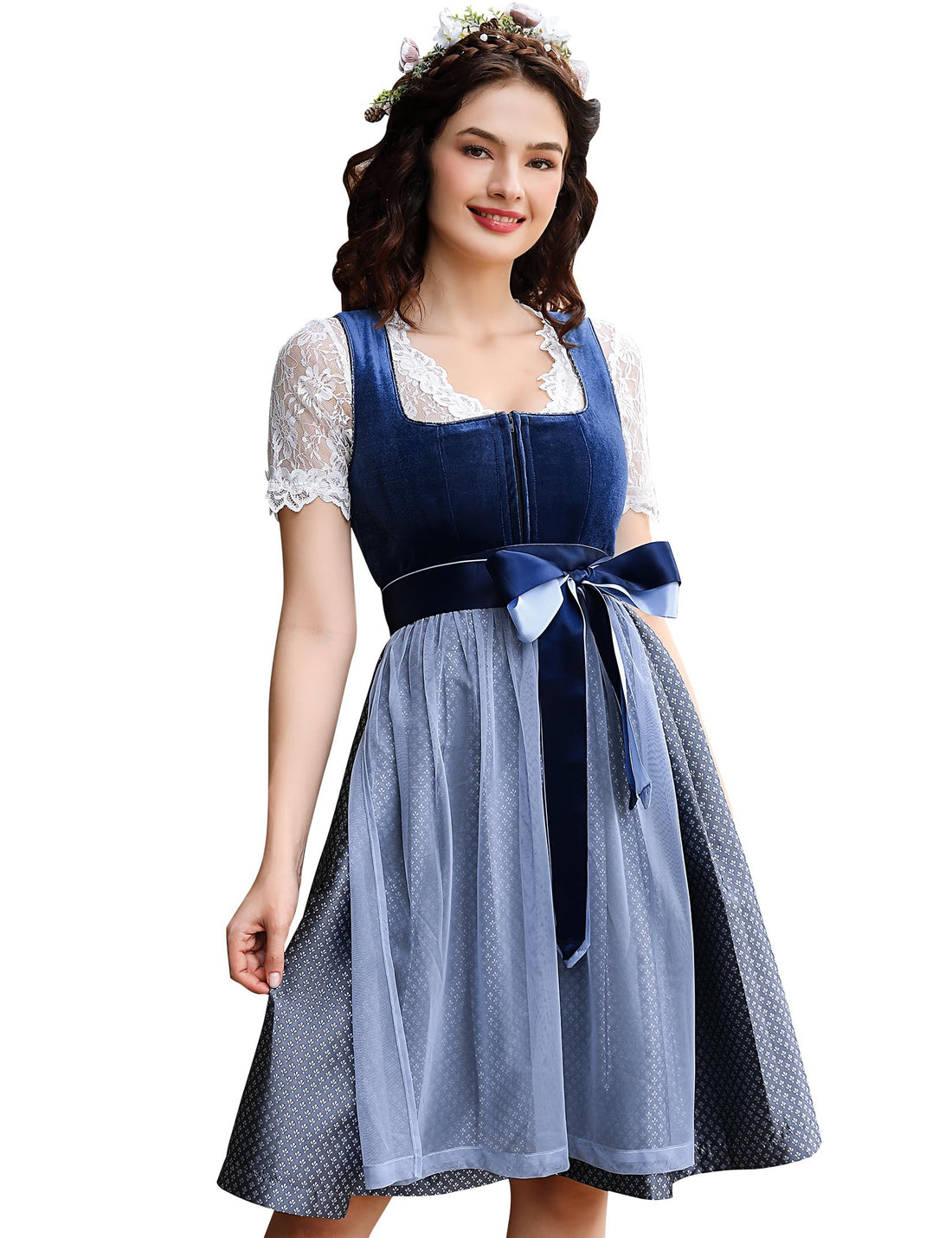 Garvee Dirndl da donna, costume tradizionale, 3 pezzi, per l'Oktoberfest, blu-grigio, taglia 34-46