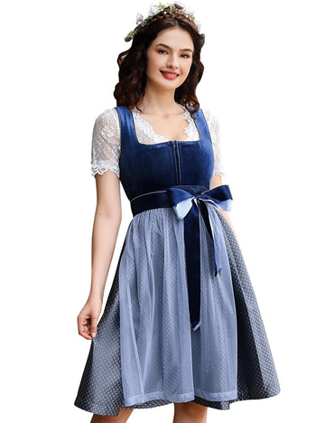 Garvee Dirndl da donna, costume tradizionale, 3 pezzi, per l'Oktoberfest, blu-grigio, taglia 34-46