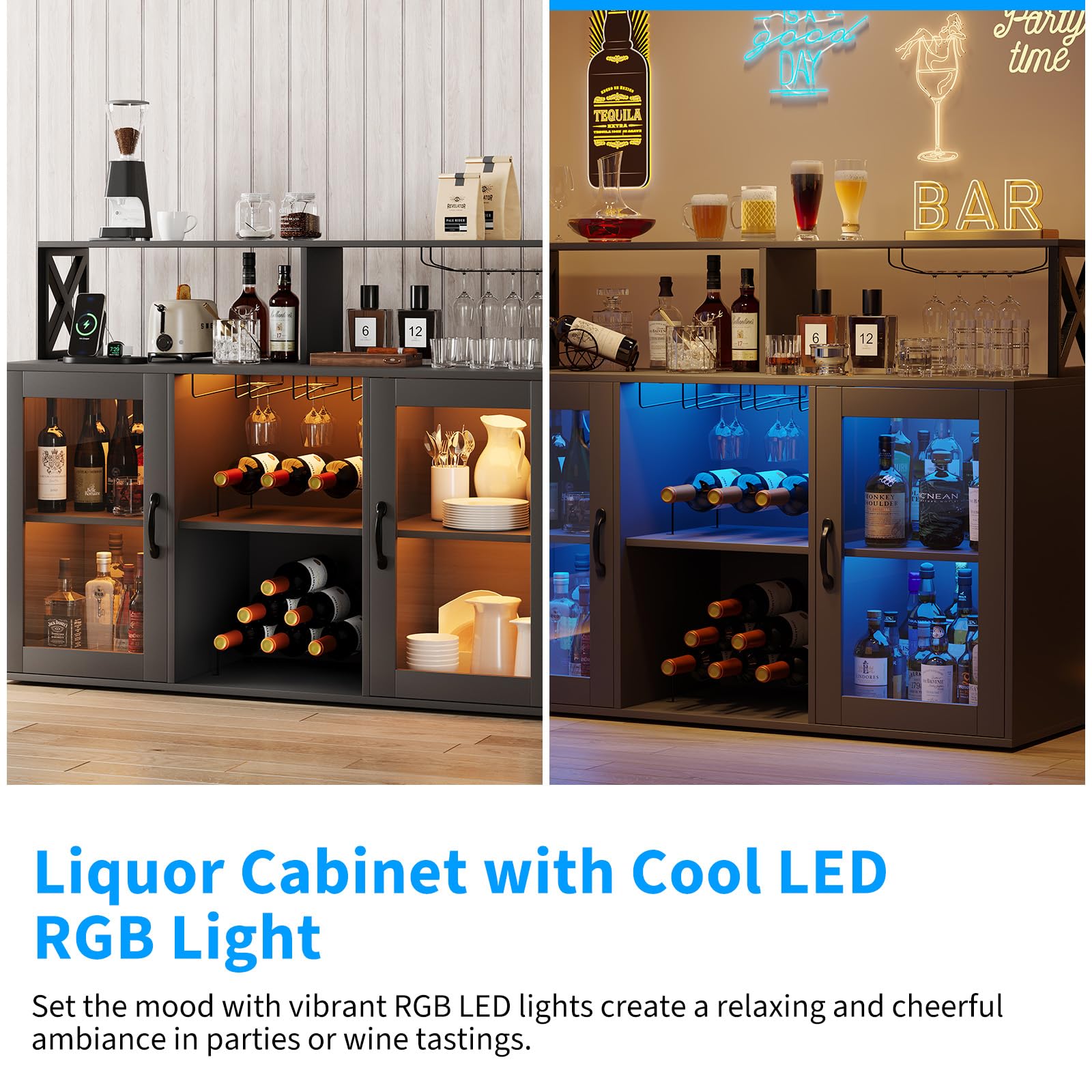 Mobile bar per vino Garvee con portabottiglie, luce LED RGB, stazione di ricarica, ripiani regolabili, legno, in piedi per cucina e soggiorno
