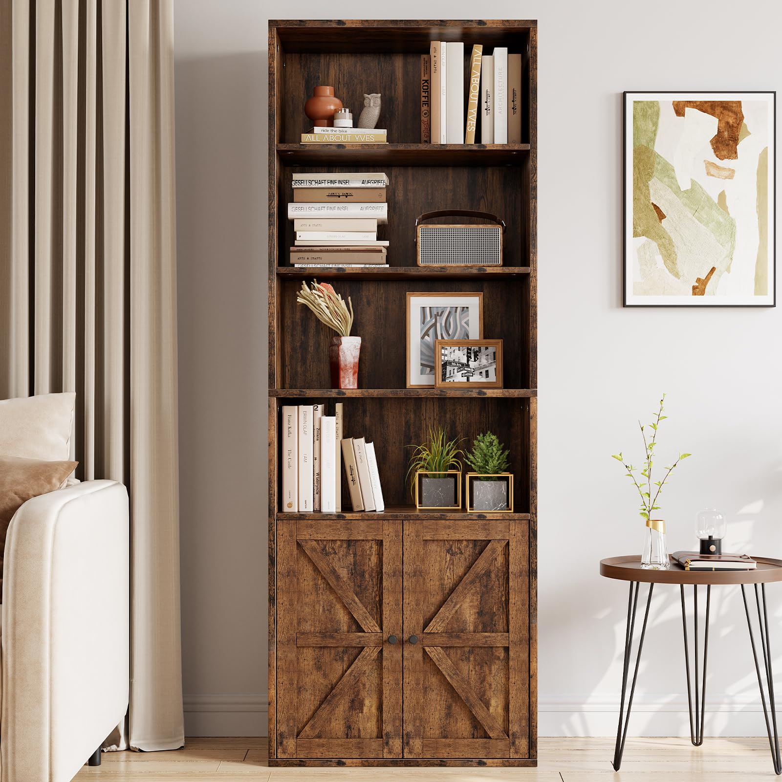 Libreria Garvee con ante, stile industriale, 6 ripiani, profondità 11,8 pollici, stile fattoria in legno, soggiorno, ufficio, bianco