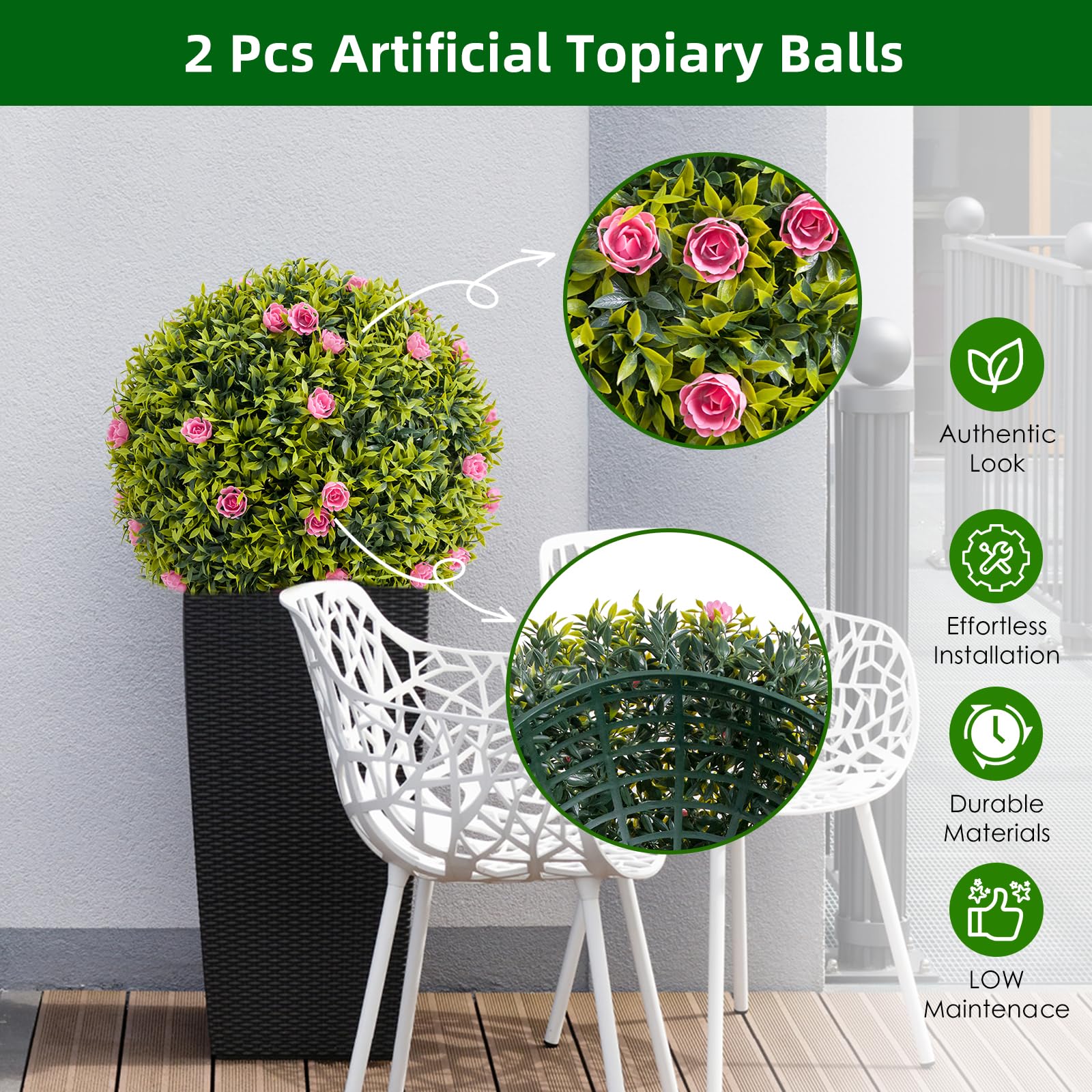 Palla di bosso artificiale Garvee da 20,5" con fiori rosa, materiale PE, per balcone e giardino, set da 2, senza manutenzione e durevole