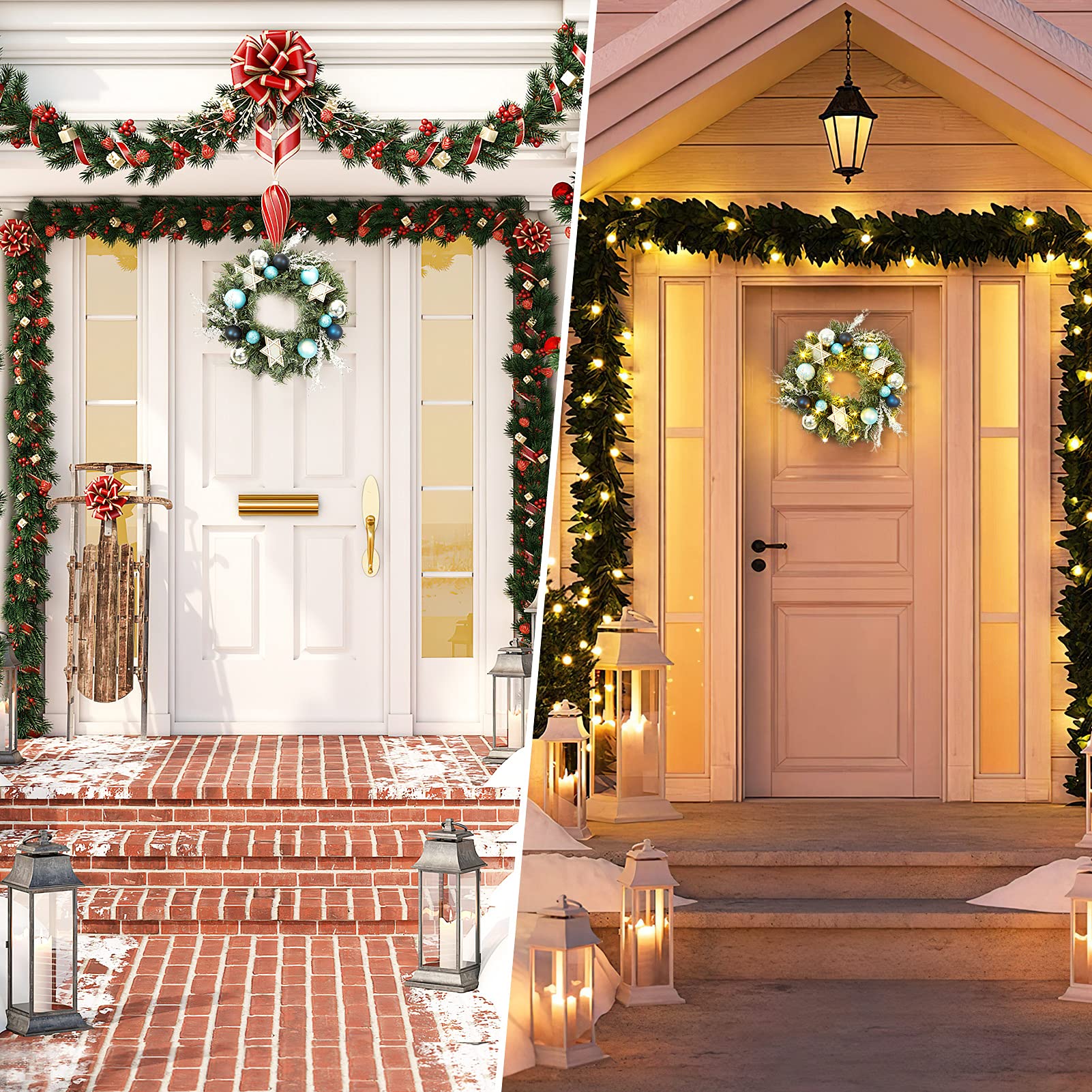 Ghirlanda natalizia Garvee da 18 pollici con 15 luci LED, PVC verde da 45 cm, stella bianca a sei punte, palline di Natale blu, anello di metallo per porta, parete, camino