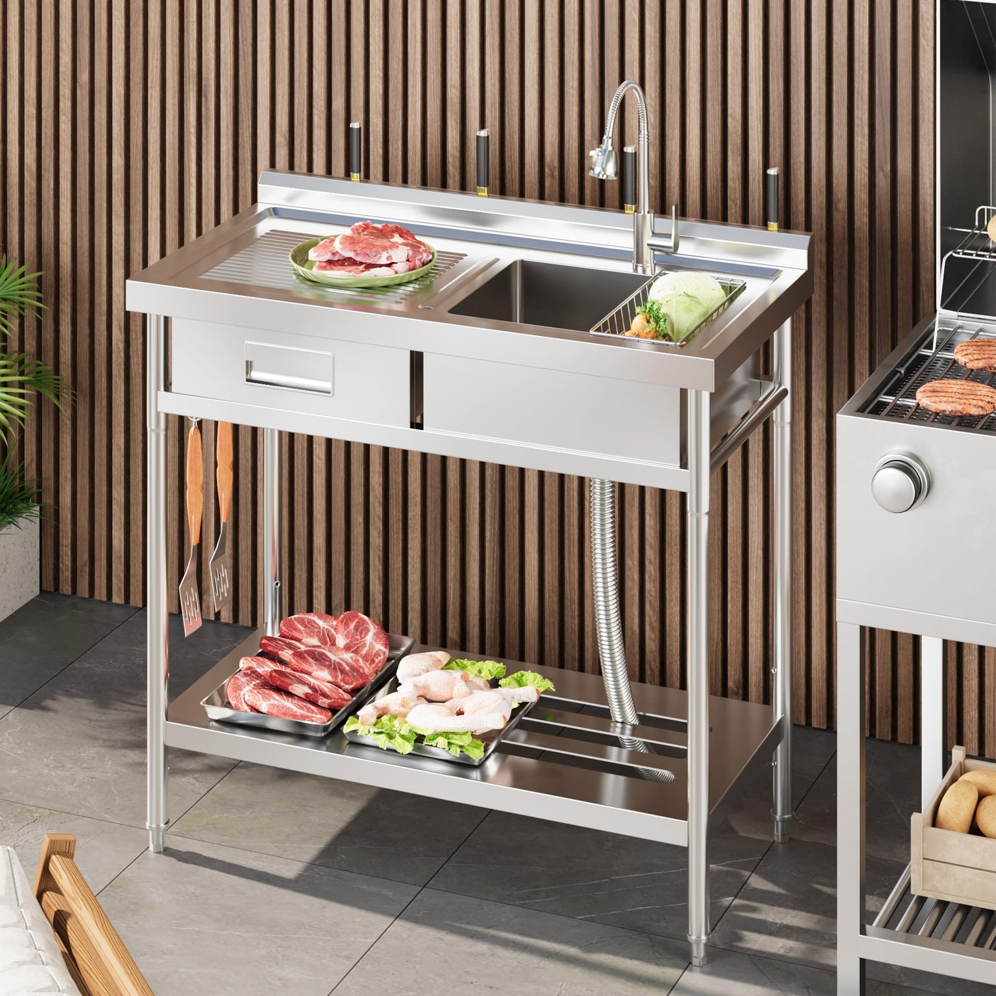 Lavabo Garvee in acciaio inox con rubinetto acqua calda/fredda, vasca singola, cassetto per lavanderia e garage, indipendente, argento