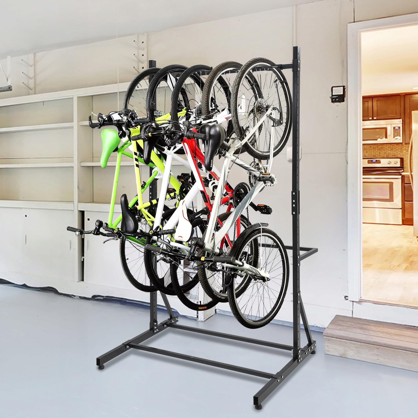 Portabiciclette Garvee Autoportante per 5 Biciclette, Altezza Regolabile, Acciaio Nero per Garage - Perfetto per Festa del Papà