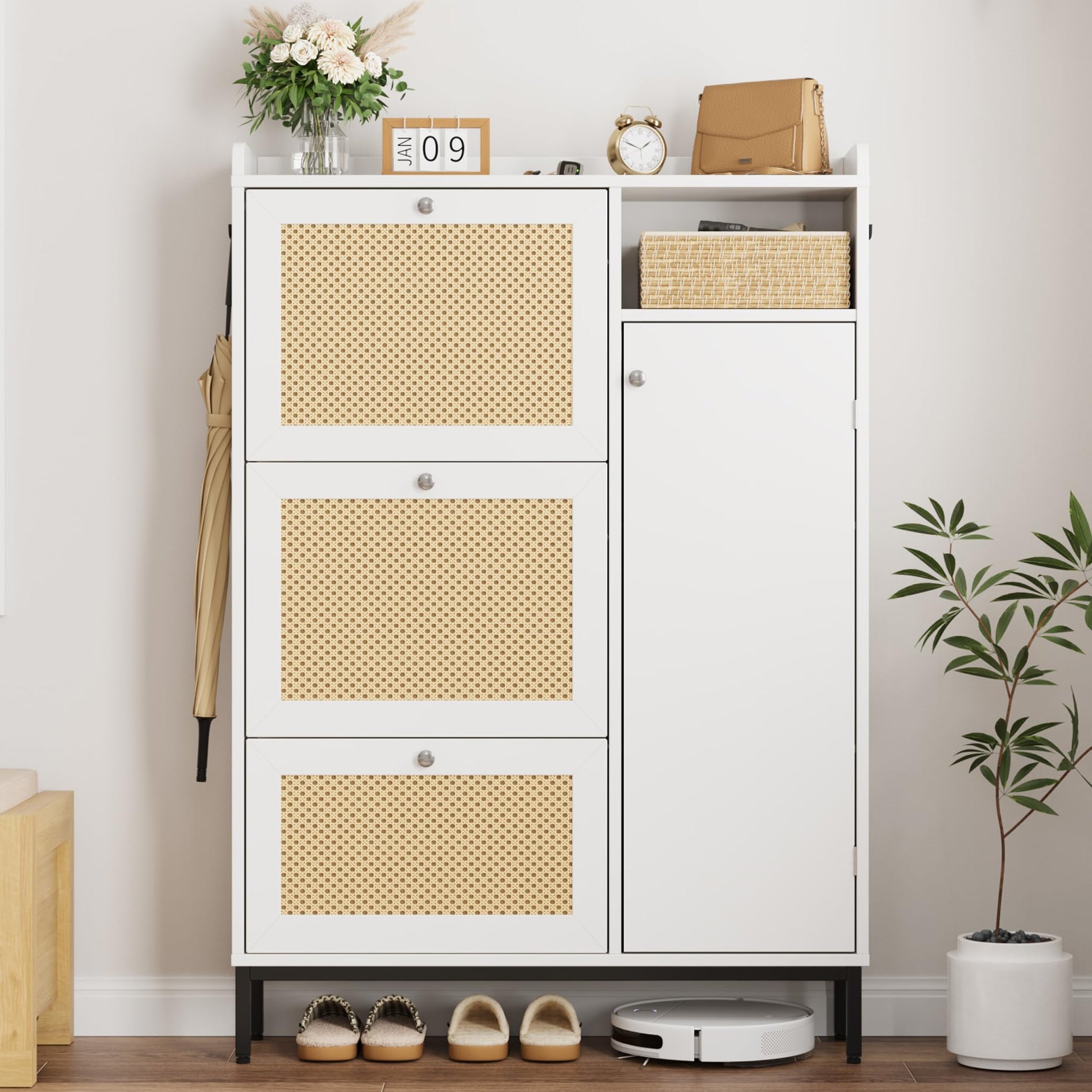 Scarpiera in rattan Garvee con 3 cassetti a scomparsa e scarpiera a 4 ripiani per corridoio e ingresso, ripiani regolabili, gambe in MDF e metallo, silenziosa, indipendente