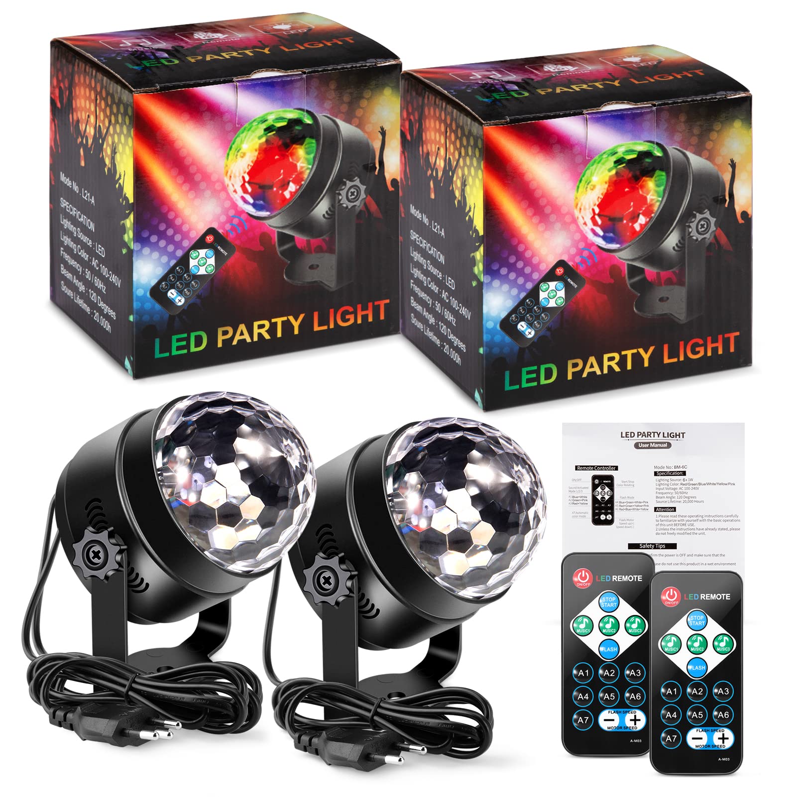 Garvee Disco Ball Disco Light 6W LED Luci per feste DJ Illuminazione da palco 7 colori Controllo musicale Telecomando, 2 pezzi, multicolore