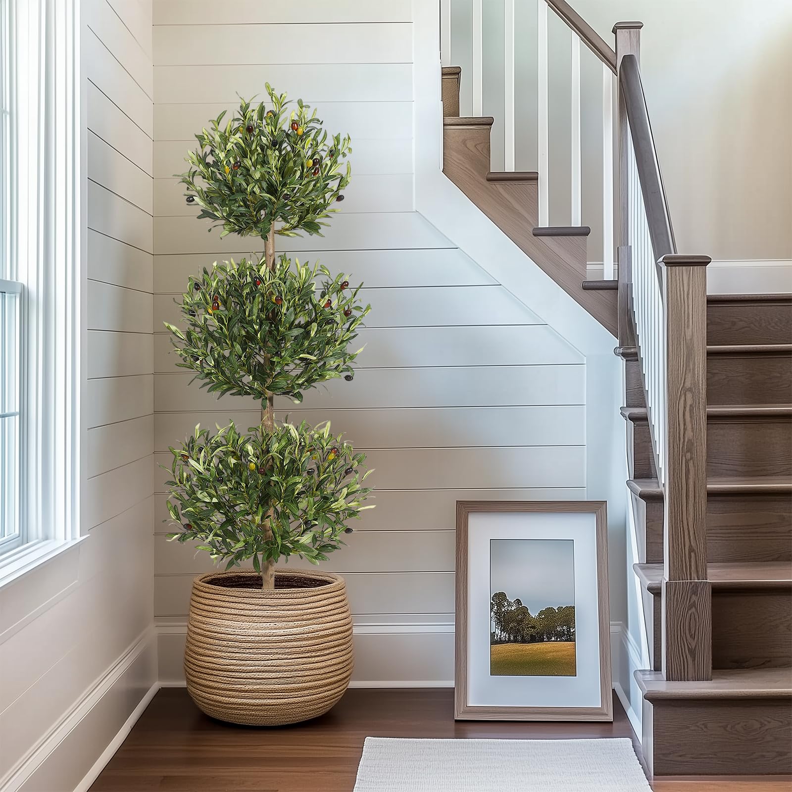 Garvee 5FT Albero di ulivo artificiale a tripla sfera Topiary resistente ai raggi UV Muschio e vaso per uso interno ed esterno Verde
