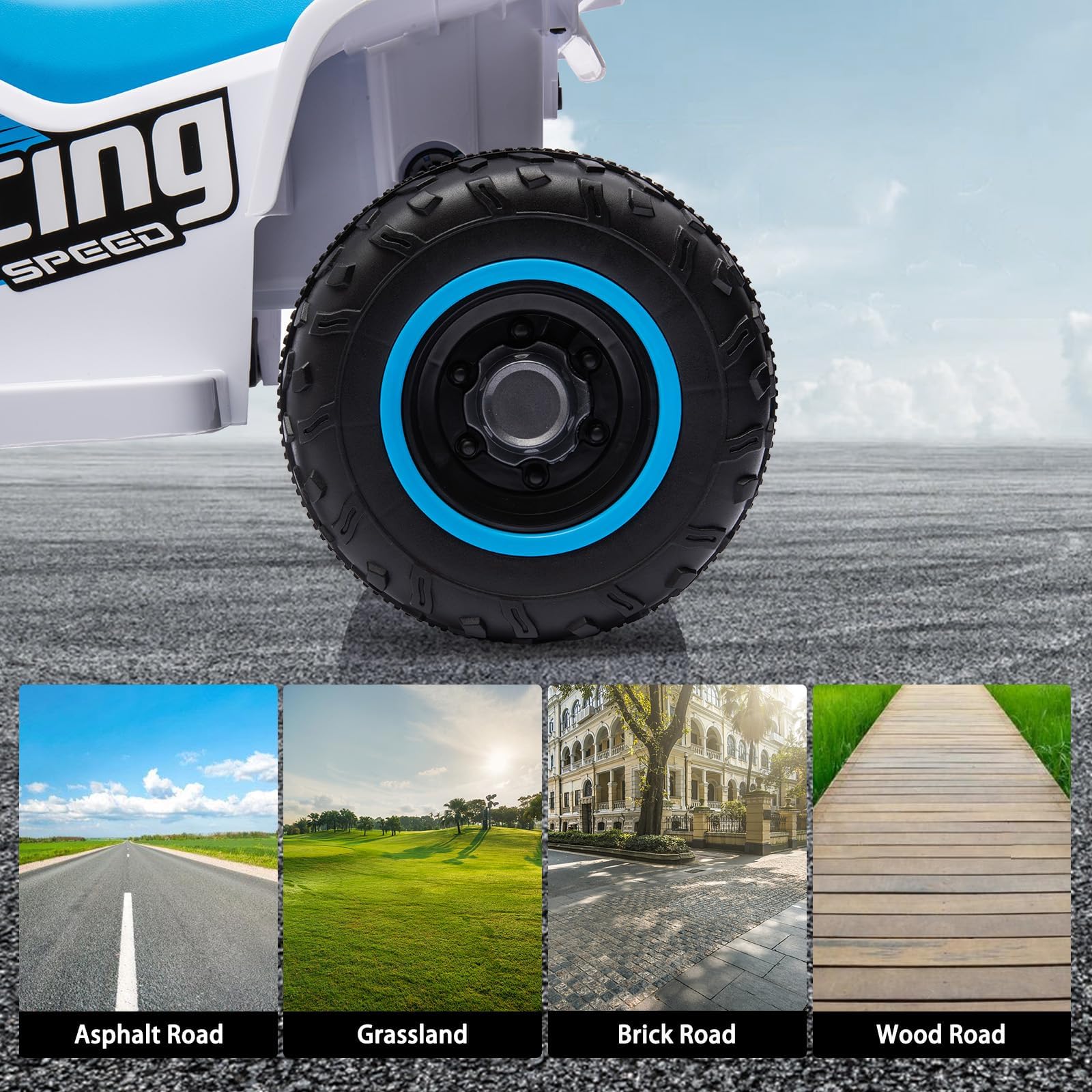 Quad elettrico per bambini Garvee 6V blu con musica a LED per una guida sicura a partire dai 3 anni, sia all'interno che all'esterno