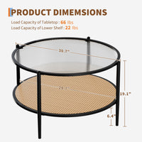 Tavolino da caffè Garvee in rattan da 30" con 2 ripiani, struttura in metallo, piano in vetro effetto onda, nero, soggiorno e ufficio, 30"