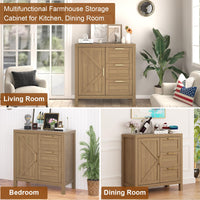 Credenza Garvee Buffet con spazio di archiviazione, ripiani regolabili, MDF e legno massello, soggiorno e cucina, stile country moderno, colore oro