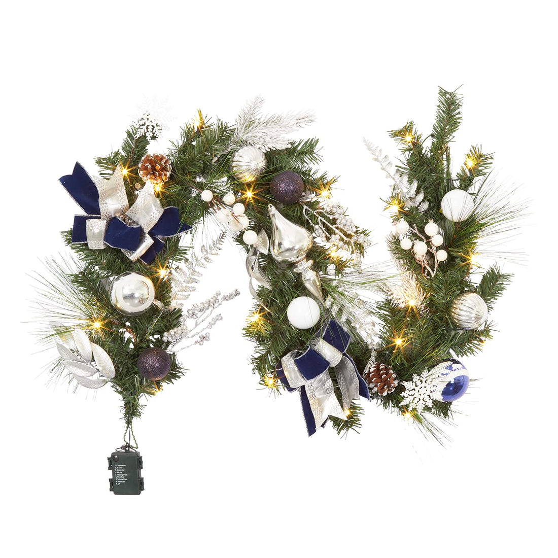 Ghirlanda natalizia a LED Garvee da 6 piedi con pigne, nastri blue e argento, per interni ed esterni, 20 luci a LED, ecologica