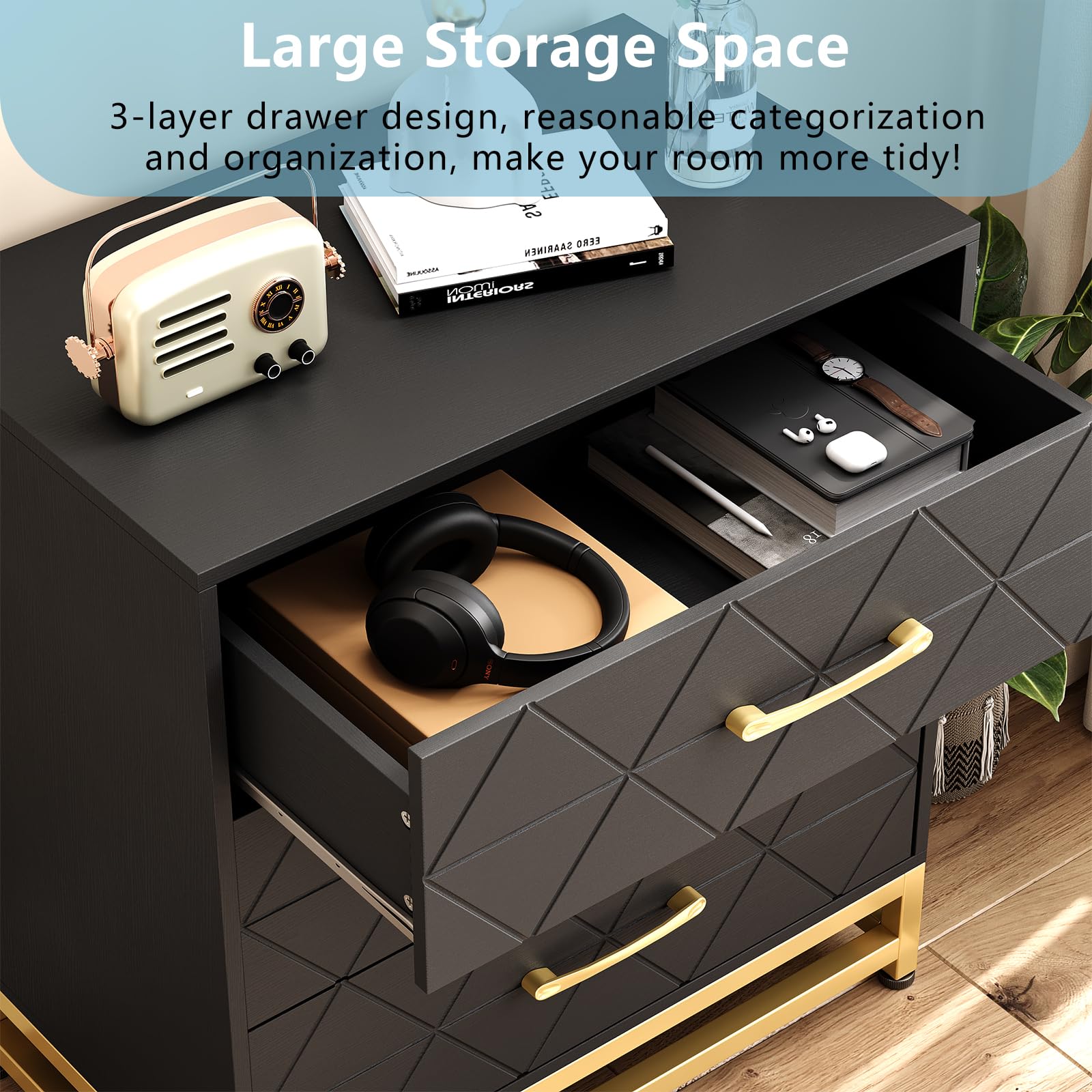Cassettiera in legno Garvee per camera da letto, 3 cassetti, MDF, nero, moderna, robusta, salvaspazio, soggiorno, corridoio
