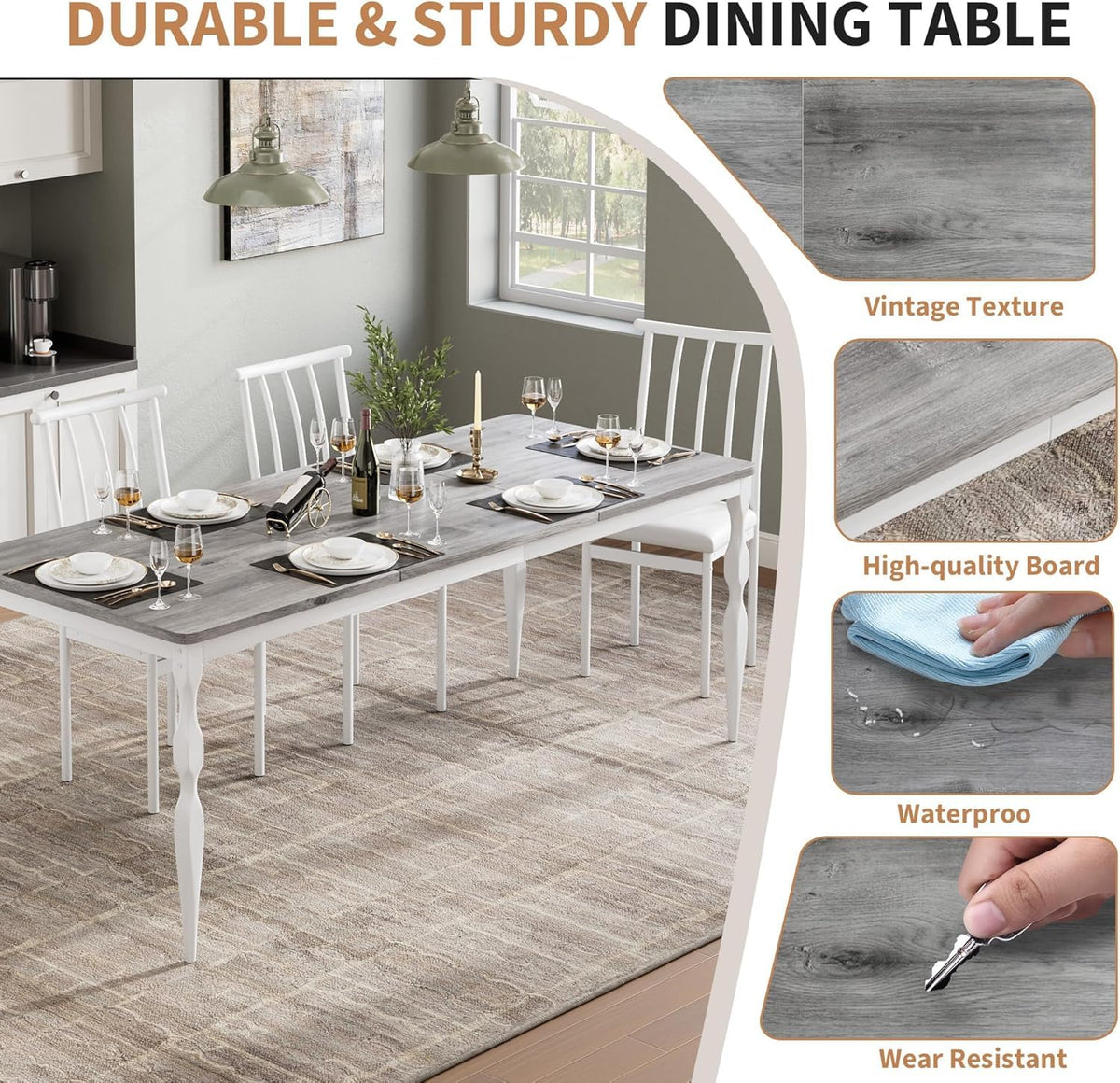Tavolo da pranzo Garvee da 180 cm in stile rustico per 6-8 persone con robusto piano in legno e gambe in metallo stabili per cucina e sala da pranzo, rettangolare, antigraffio