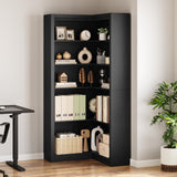 Mensola angolare Garvee, nera, in formato L, 5 ripiani, MDF antigraffio, robusta con antiribaltamento meccanico, per soggiorno, 31,5x31,5x182 cm - venature del legno nere