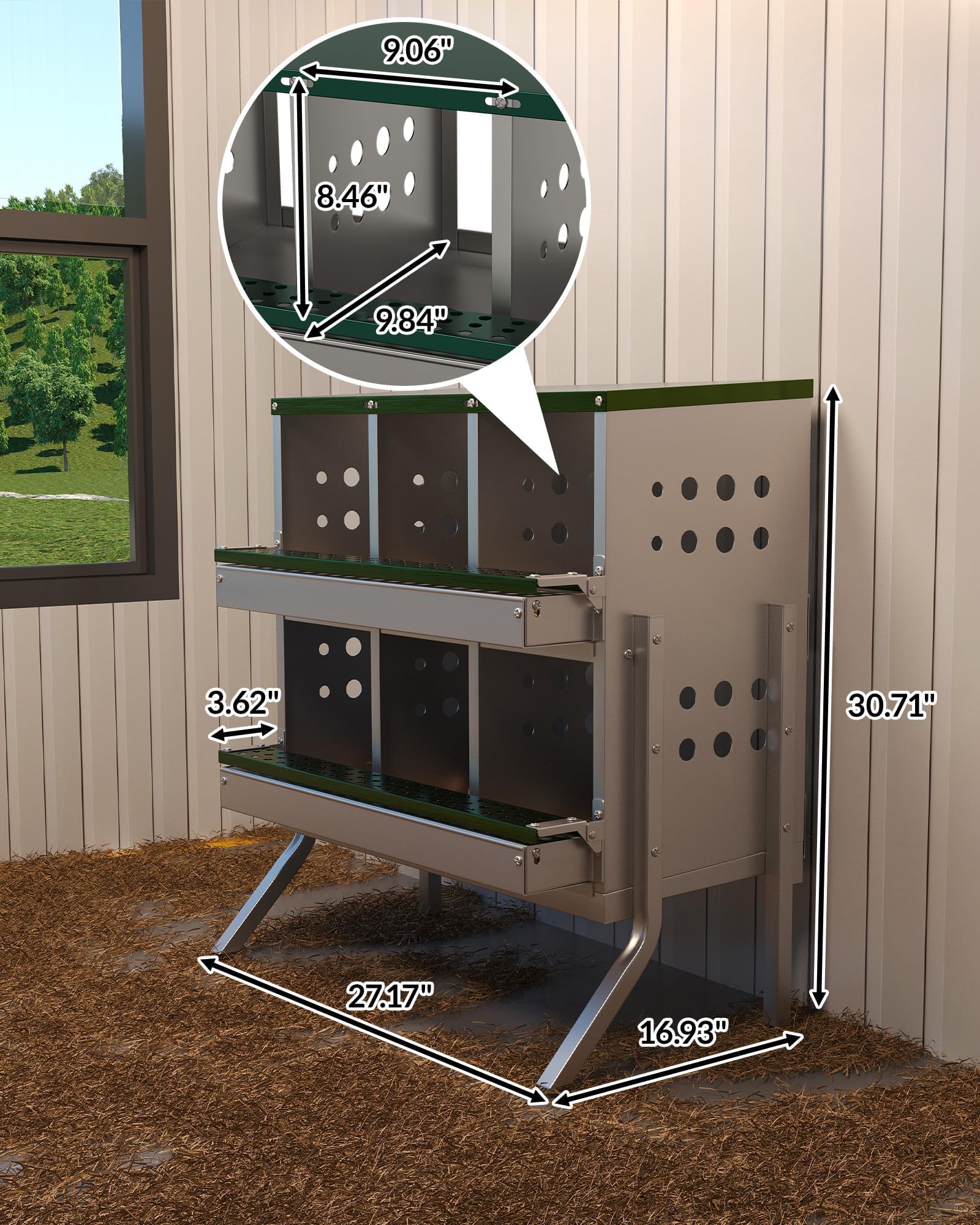 Nidi per galline Garvee, 6 scomparti, in metallo, impermeabili, antiruggine, con ventilazione, trespolo e vassoio portauova mobile per piccoli giardini