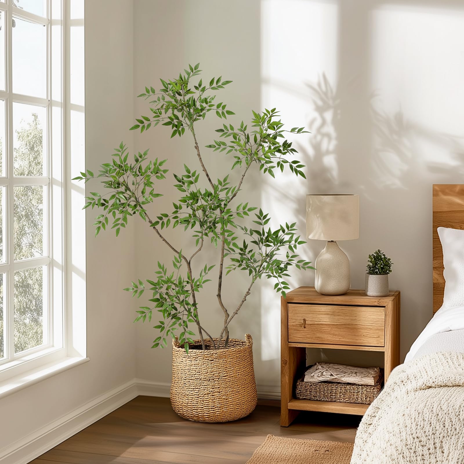 Fiore artificiale Nandina Garvee da 1,5 m con vaso in ceramica grigia per arredamento interno, soggiorno, ufficio, facile da curare, foglie realistiche