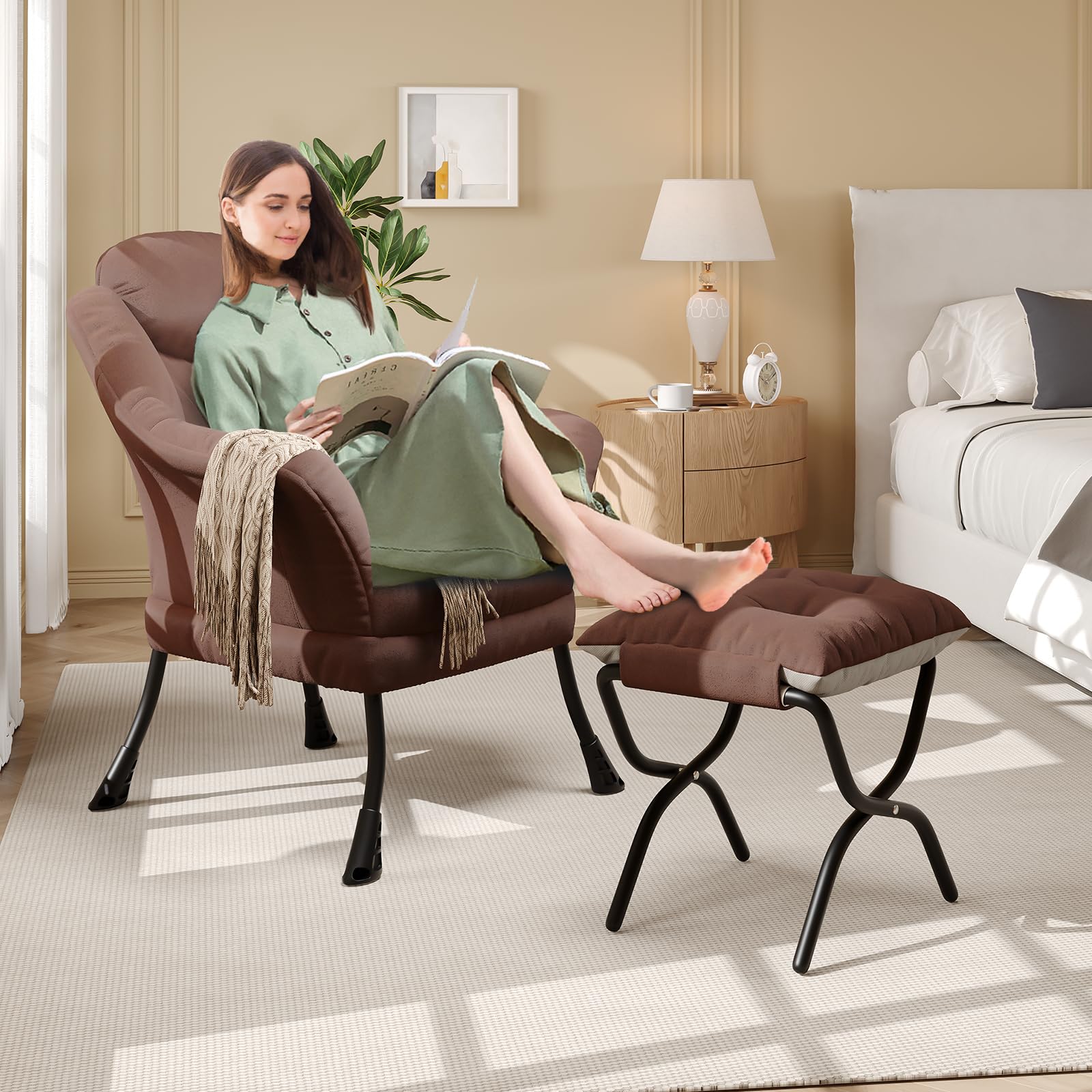 Sedia da lettura ergonomica Garvee Lazy Chair con poggiapiedi per piccoli spazi, pieghevole, imbottitura in cotone PP, rivestimento rimovibile e lavabile, moderna, comoda, grigia