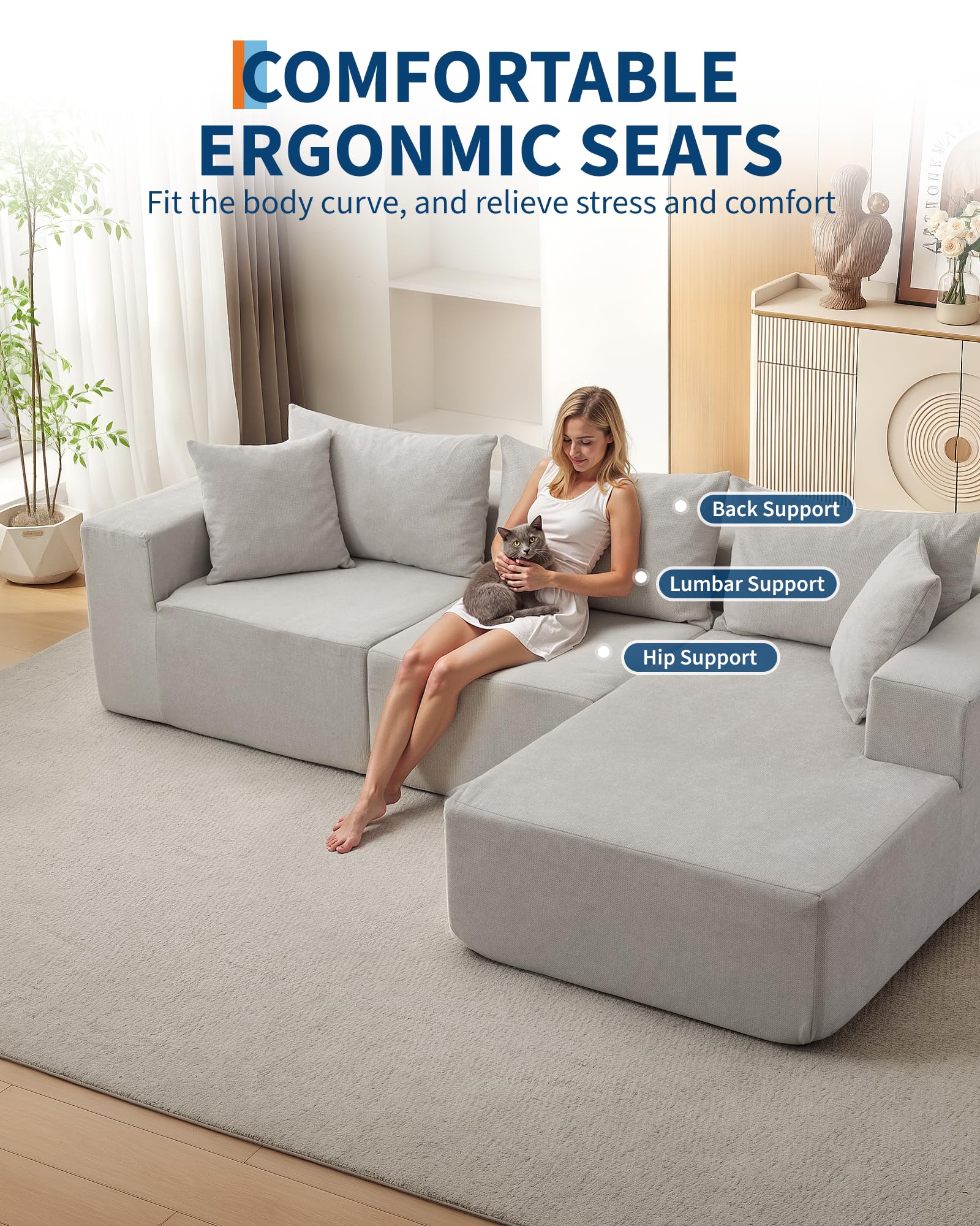 Divano componibile modulare Garvee da 108" con chaise longue a forma di L, tessuto polimerico Boneless Comfort, versatile per il soggiorno