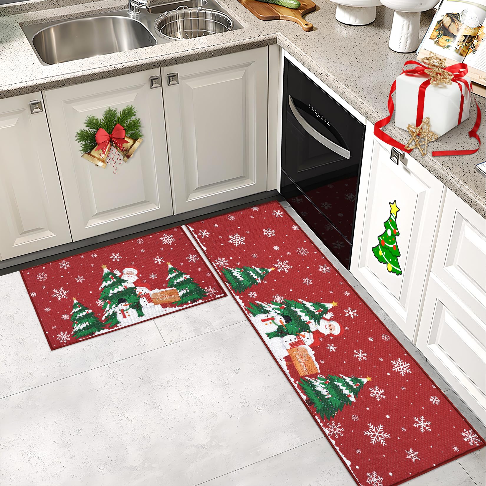 Tappetino da cucina natalizio Garvee Babbo Natale, set da 2 pezzi antiscivolo per cucina, ufficio, lavanderia, 40x60 + 40x120 cm