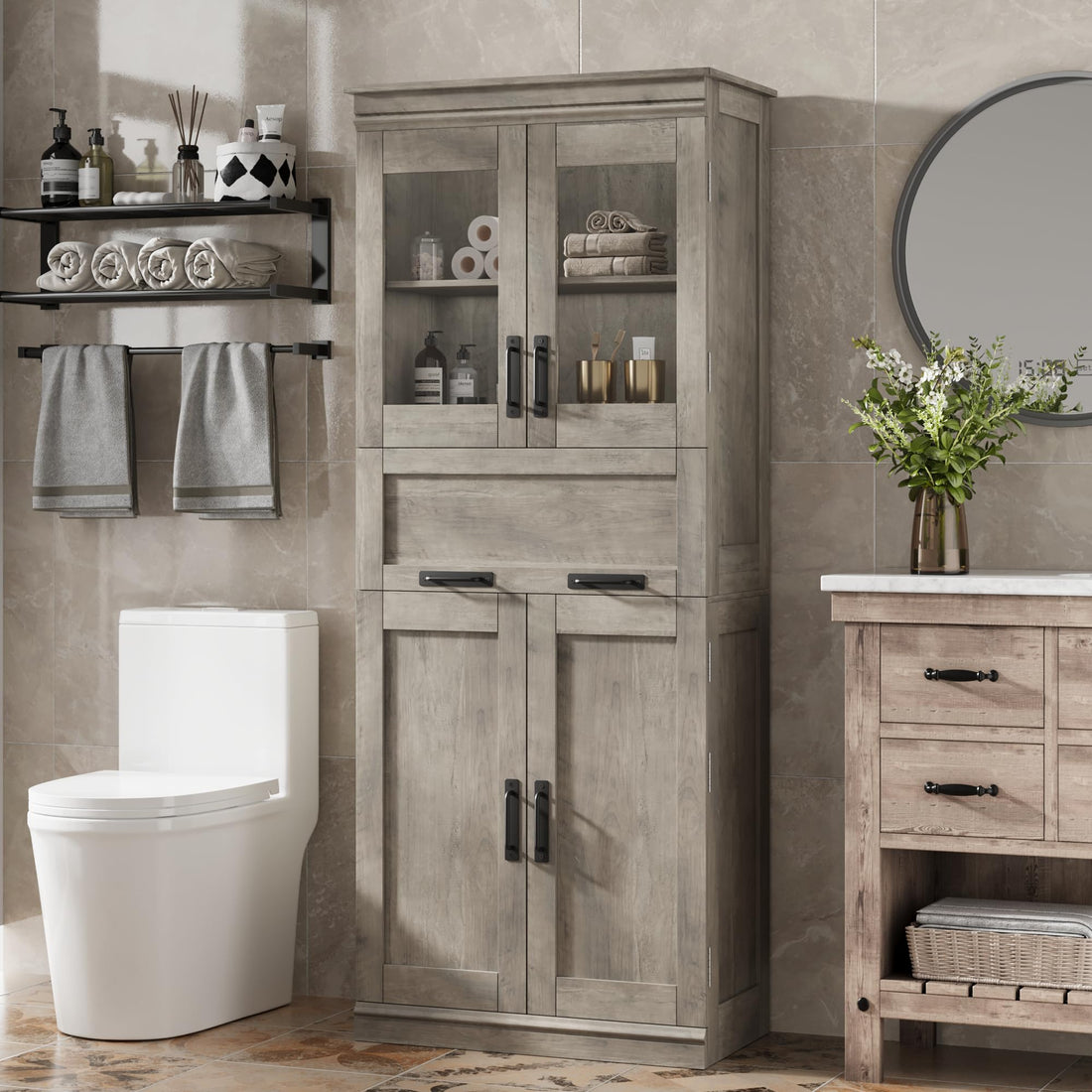 Mobiletto da bagno alto Garvee da 67" con ante in vetro, ripiani regolabili, cassetto, MDF, indipendente, design moderno, grigio, per bagno e soggiorno