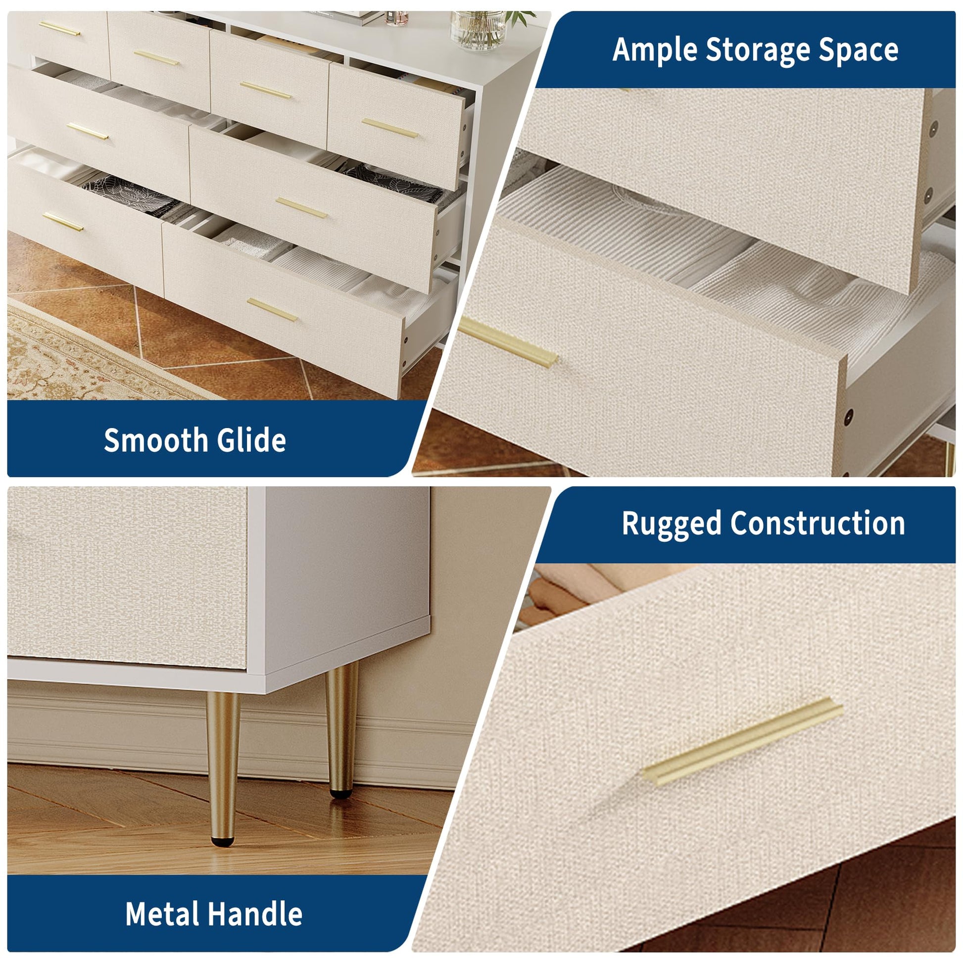 Cassettiera Garvee bianca a 5 cassetti con maniglie e gambe in metallo dorato per camera da letto e corridoio, stretta, in legno, design moderno