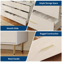 Cassettiera Garvee bianca a 5 cassetti con maniglie e gambe in metallo dorato per camera da letto e corridoio, stretta, in legno, design moderno