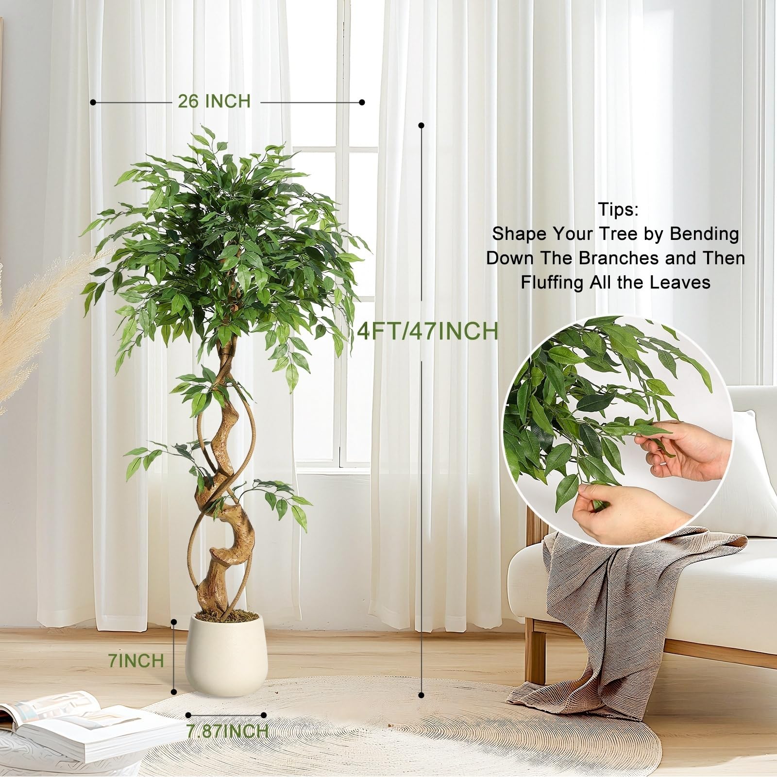 Albero di ficus artificiale Garvee da 4 piedi con tronco curvo, oltre 756 foglie di seta, vaso bianco, rami regolabili per la decorazione di casa e ufficio