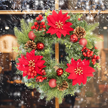 Ghirlanda natalizia Garvee da 16 pollici con stelle di Natale artificiali, pigne, palline rosse, resistente alle intemperie per porte e pareti, verde e rosso