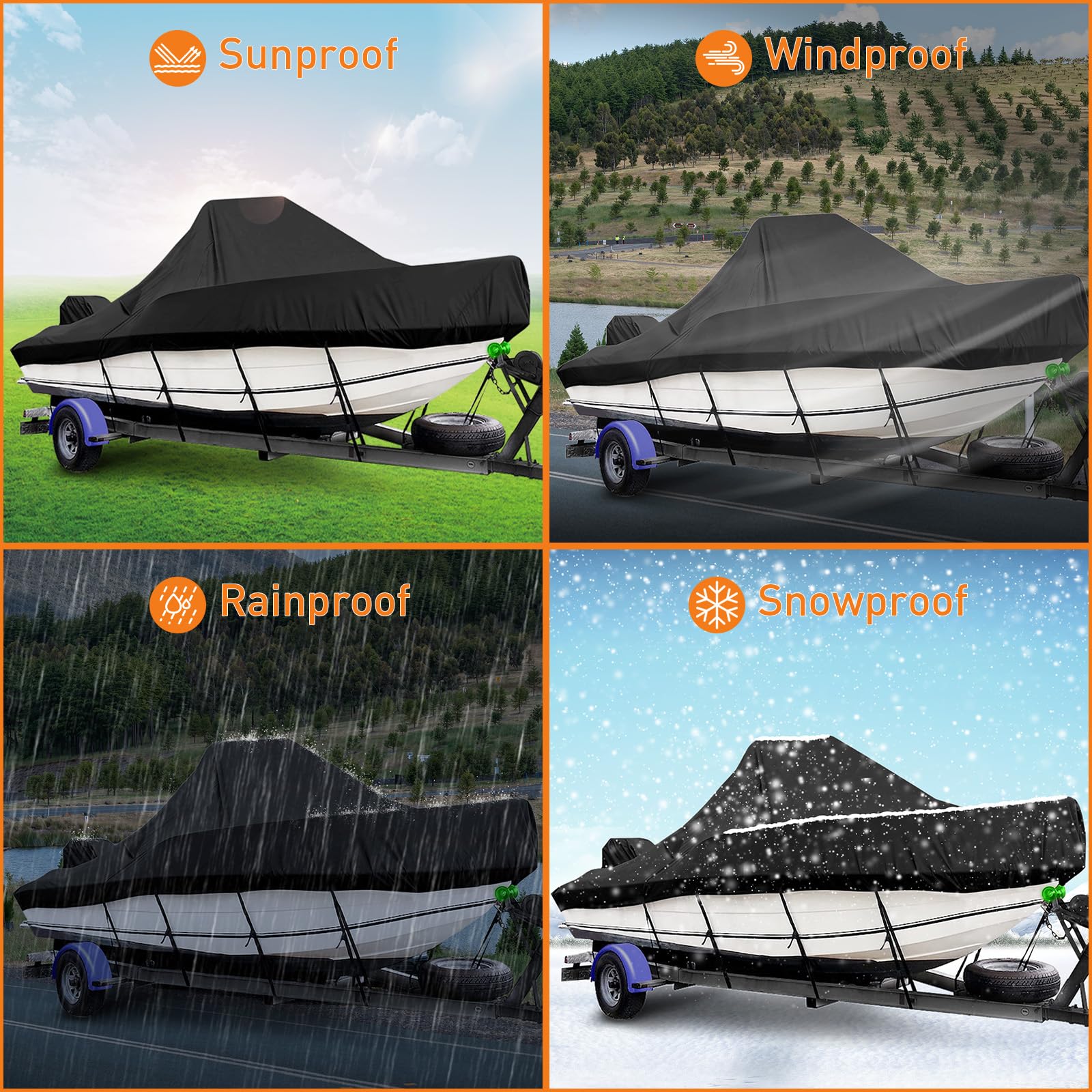 Garvee Center Console Boat Cover, impermeabile, rivestito in PU, resistente ai raggi UV, resistente, regolabile, per rimorchio e rimessaggio, 16-18.5 piedi, nero