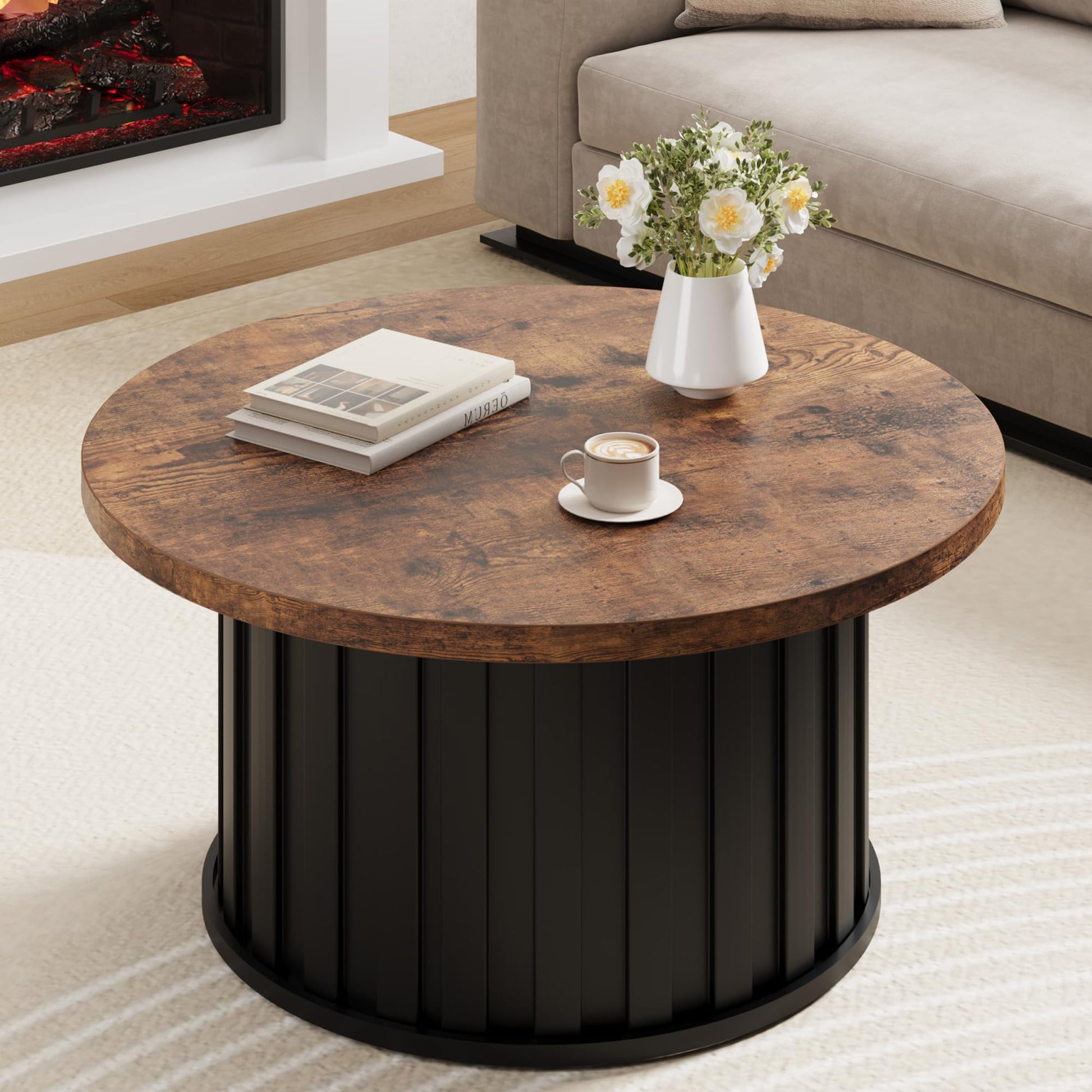 Tavolino da caffè rotondo Garvee Mid Century Modern con base in metallo, piano scanalato da 31,9" nero per soggiorno e ufficio