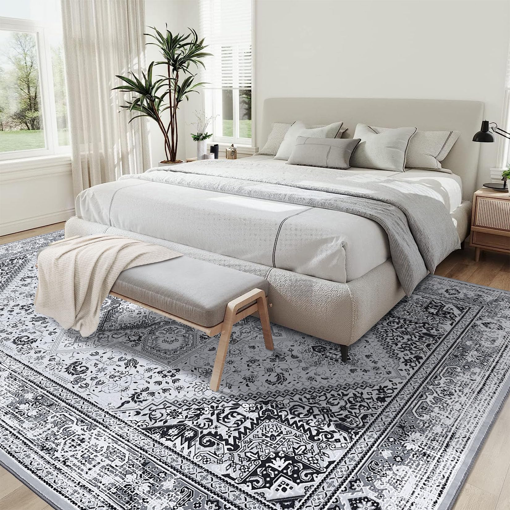 Tappeto tribale persiano GARVEE 200x290cm grigio, lavabile, antiscivolo, morbido, grande, stampato, non felpato, soggiorno e camera da letto