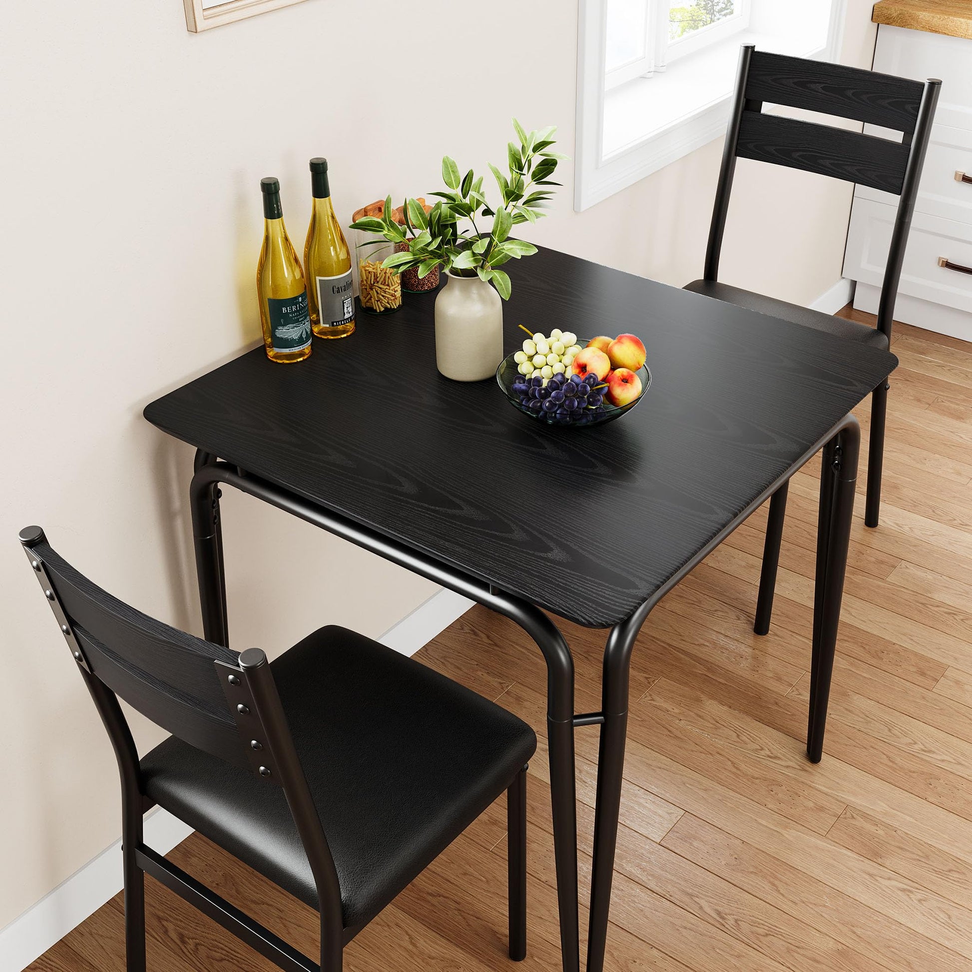 Tavolo da pranzo Garvee per 2 persone con sedie imbottite, piano in MDF, struttura in metallo, salvaspazio, ideale per stanze piccole, quadrato, nero