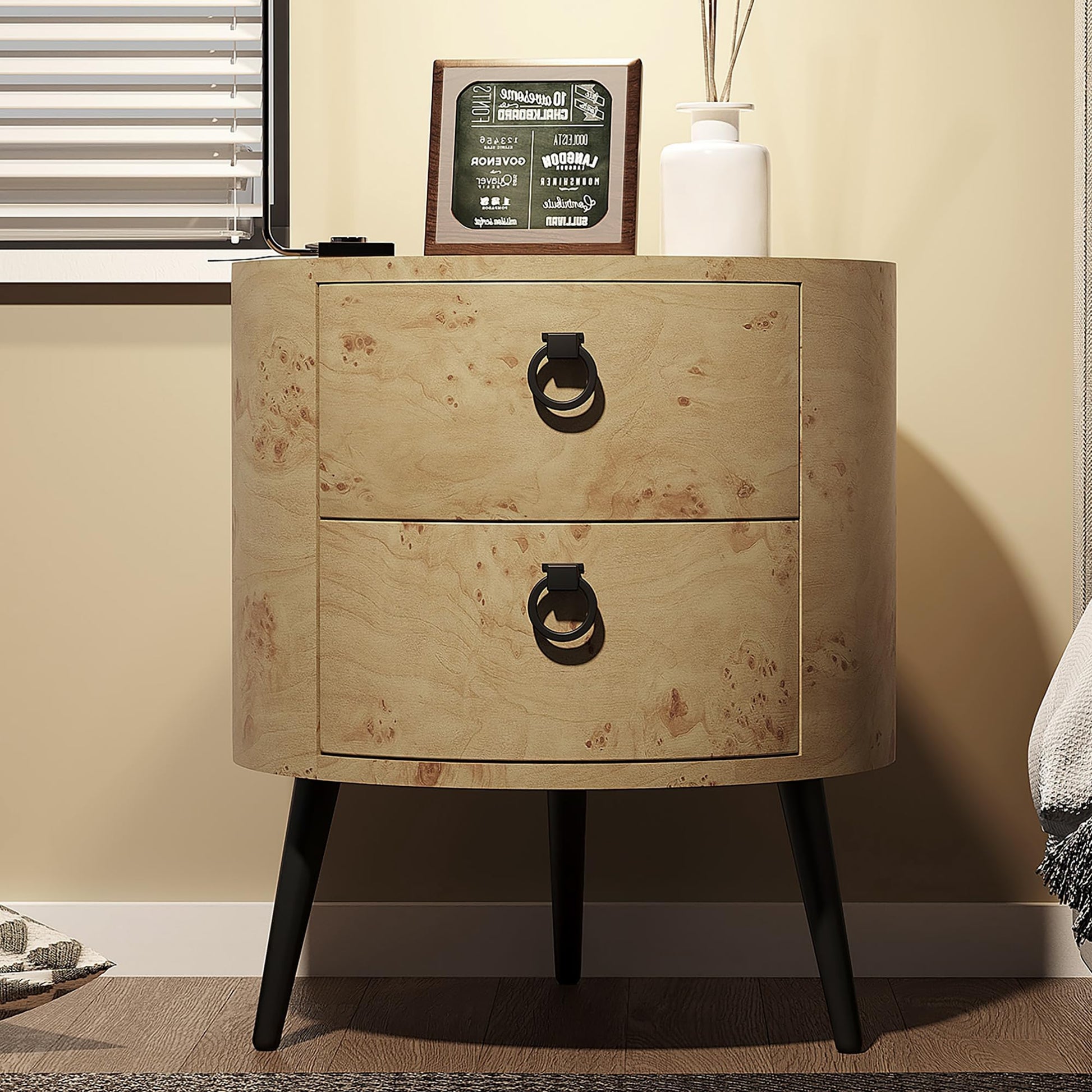 Tavolino rotondo Garvee con cassetti, gambe in legno e metallo, per soggiorno e camera da letto, 18,5" rotondo, legno naturale