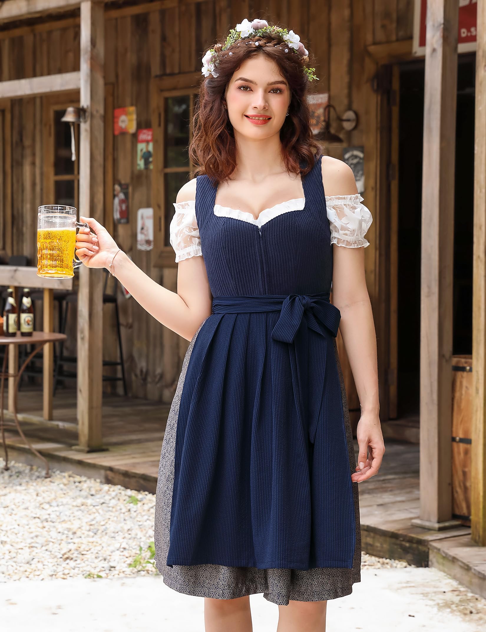 Garvee - Set da 3 pezzi in Dirndl tradizionale midi da donna per Oktoberfest, Carnevale e Martedì Grasso, blu, taglia 36, tradizionale, elegante, di alta qualità