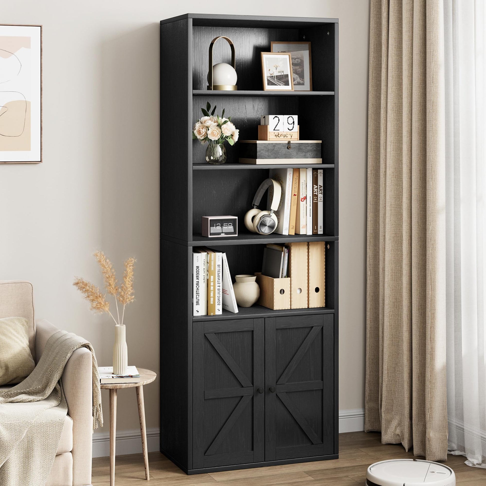 Libreria Garvee con ante, stile industriale, 6 ripiani, stile fattoria, contenitore in legno, profondità 11,8 pollici, altezza 71,4 pollici, bianco, per soggiorno, ufficio, camera da letto