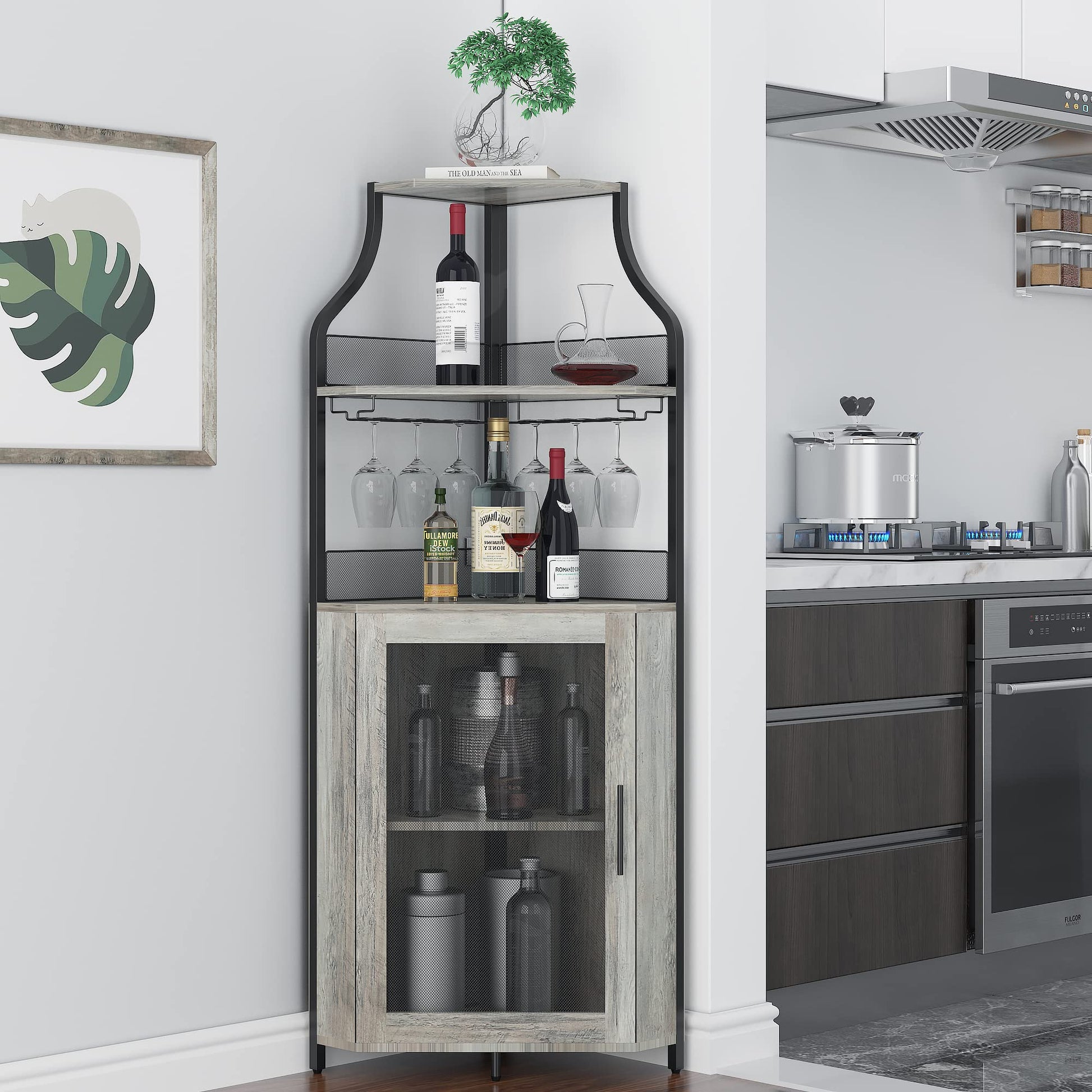 Mobiletto angolare Garvee con 5 ripiani, ripiani regolabili, MDF e metallo, anta a battente, grigio, per cucina e sala da pranzo, 47 x 45 x 152 cm