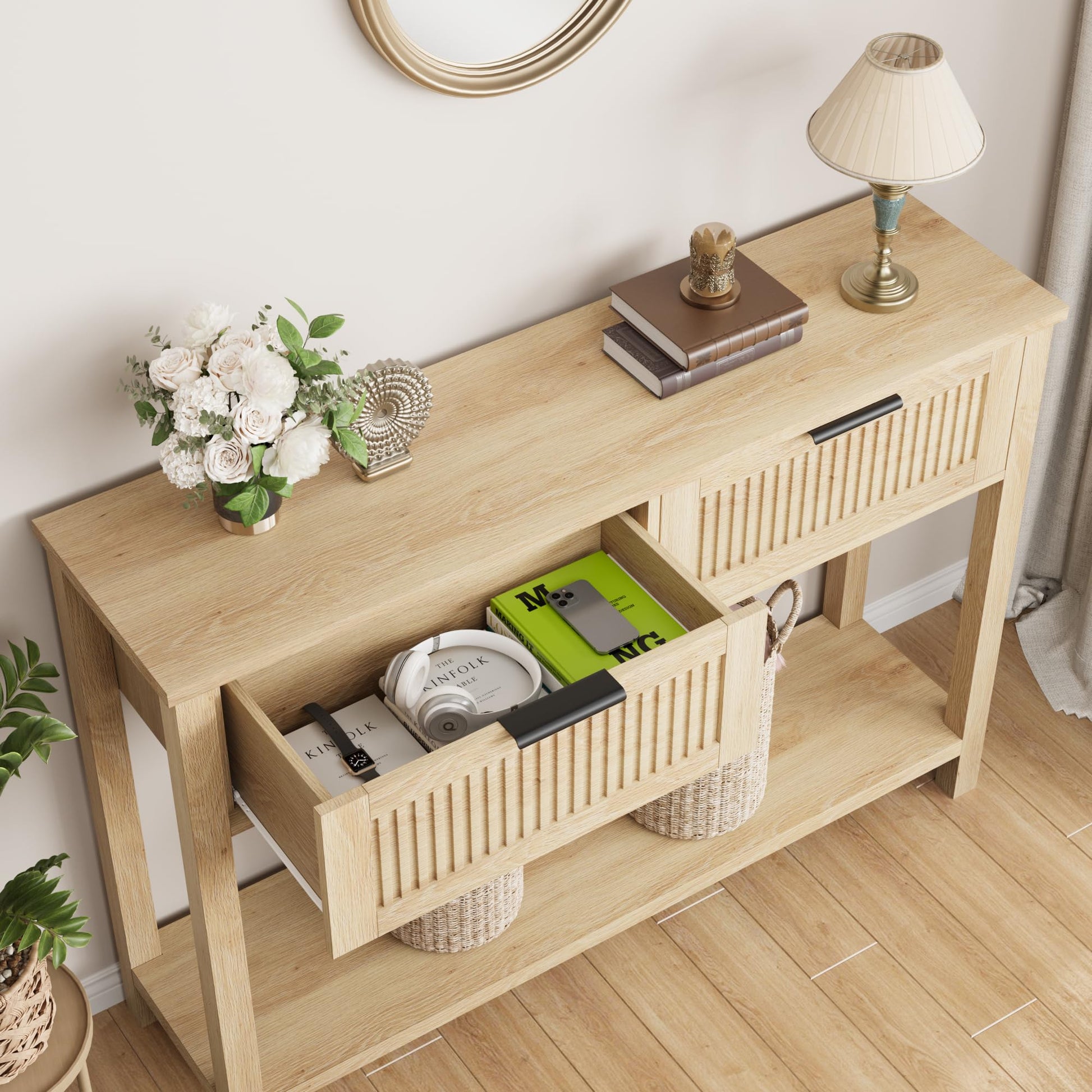 Tavolo da ingresso scanalato Garvee con 2 cassetti, consolle in legno per corridoio e soggiorno, 43,3x11,8x31,4 pollici, Burlywood