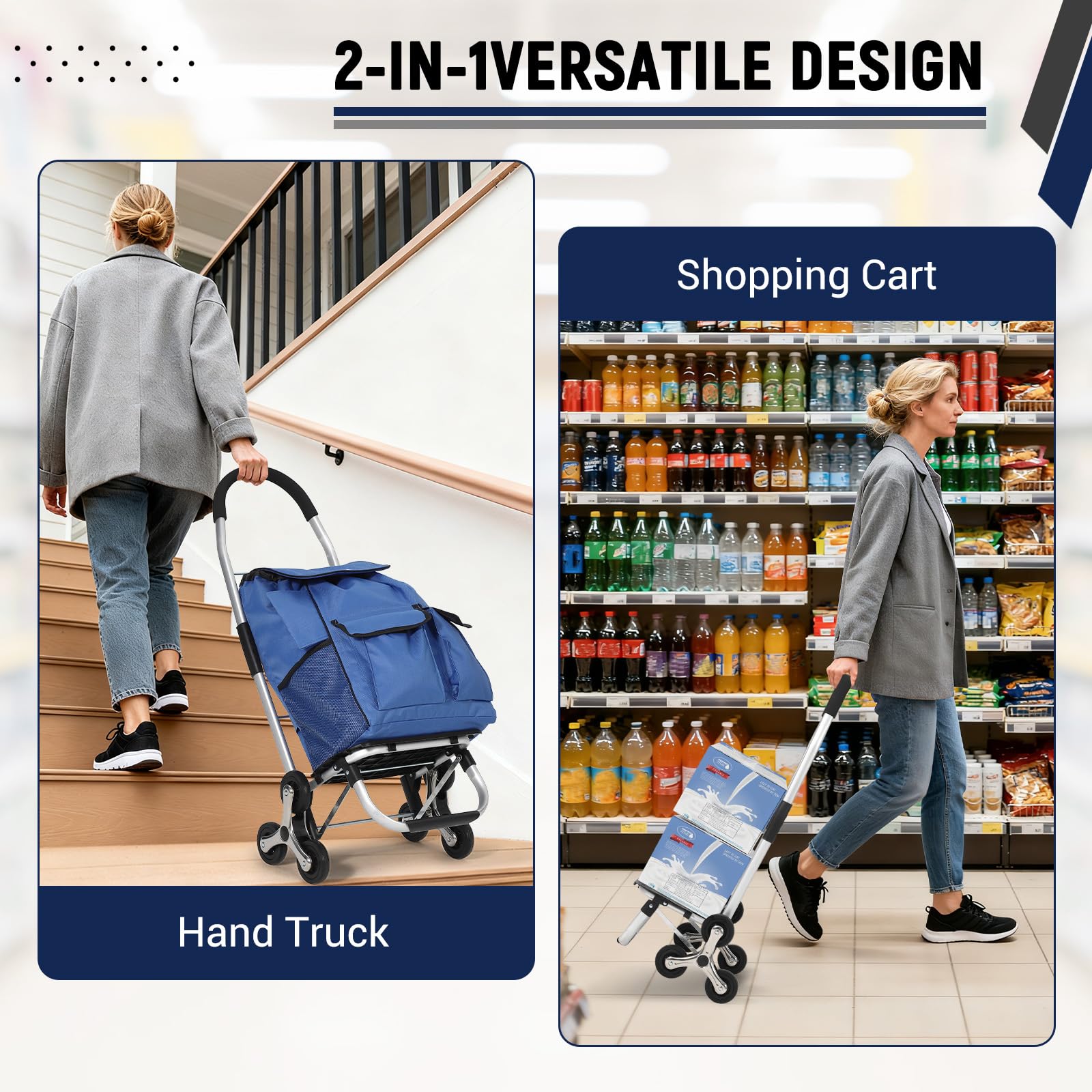 Carrello della spesa pieghevole 3 in 1 Garvee con saliscale a 6 ruote, borsa in tessuto Oxford da 36 litri, leggero ed ergonomico, per la spesa e il giardino, capacità di carico di 176 libbre, nero