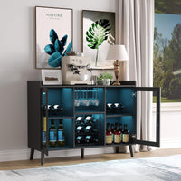 Mobile bar per vini indipendente Garvee con portabottiglie e illuminazione a LED per soggiorno e sala da pranzo, ripiano in legno e vetro da 47,2 pollici