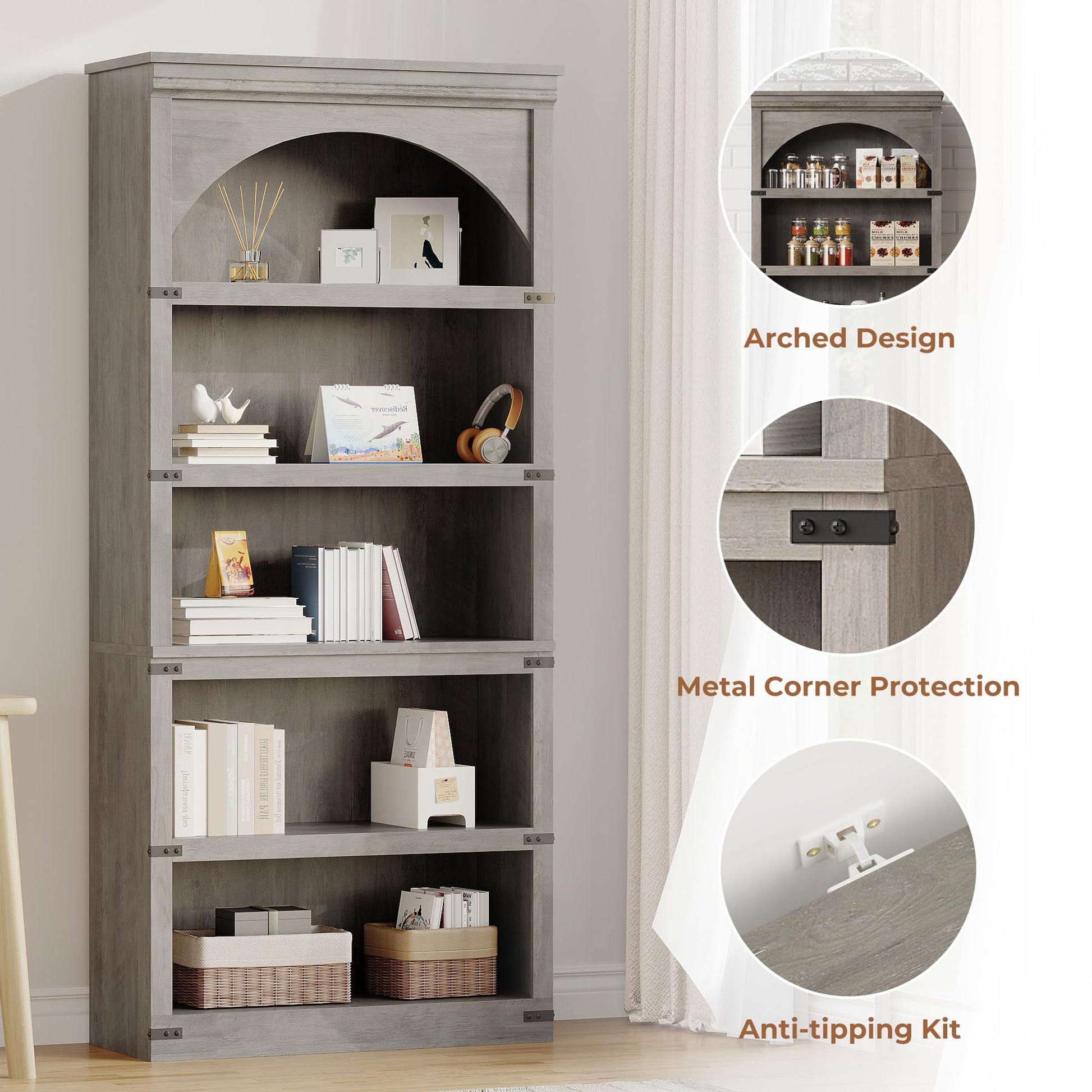 Libreria curva Garvee 5 ripiani, altezza 68,7 pollici, stile country, soggiorno, ufficio, legno, marrone